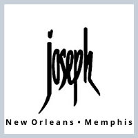 Stylized black script text "joseph" with elongated vertical lines forming the "j" and "h." Below, in black capital sans-serif font, reads "New Orleans • Memphis." The background is white, bordered by a light gray frame.