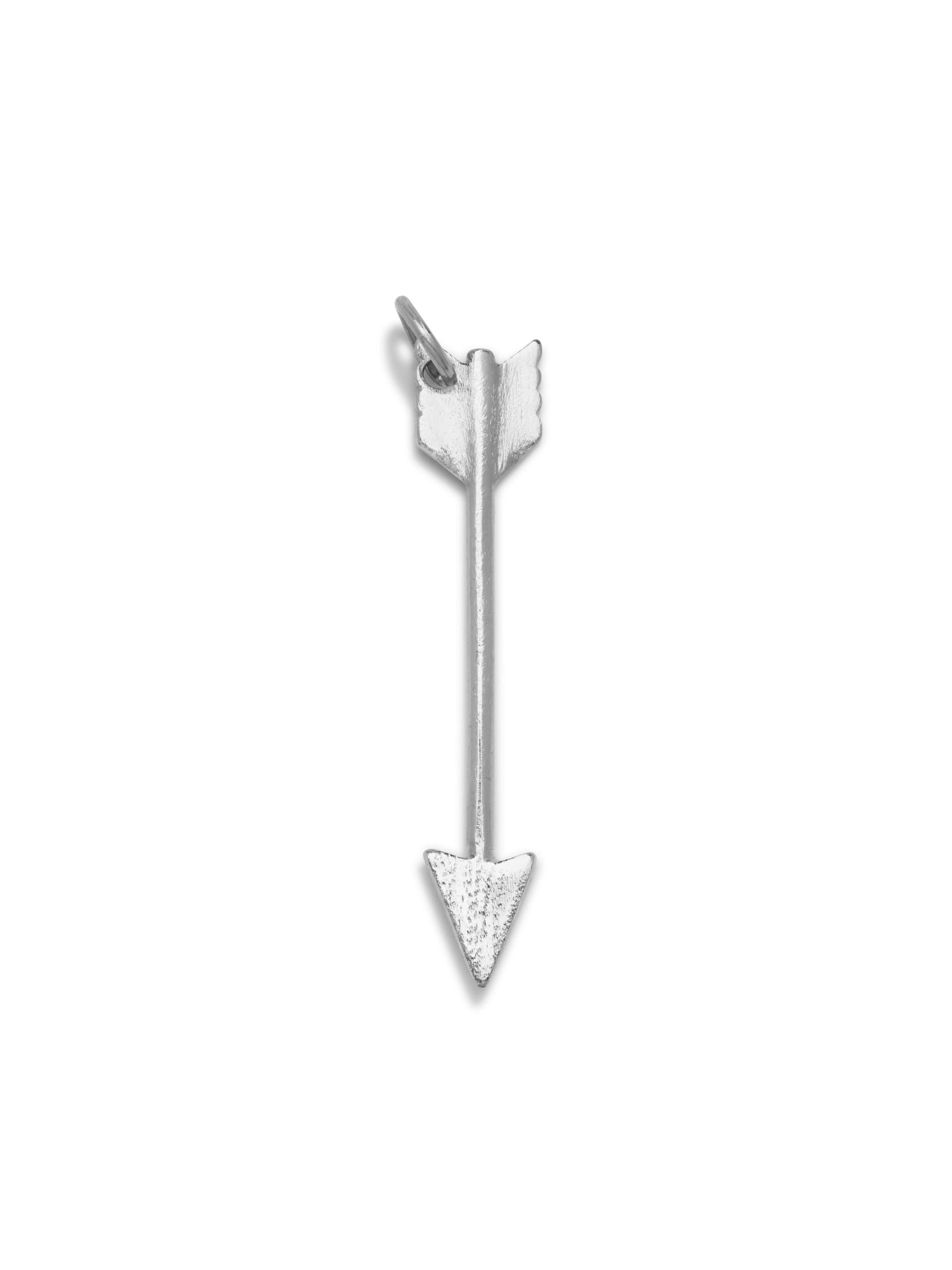 A silver arrow-shaped pendant with a small hoop at the top. The design features detailed fletching at one end and a pointed tip at the other, set against a plain white background.