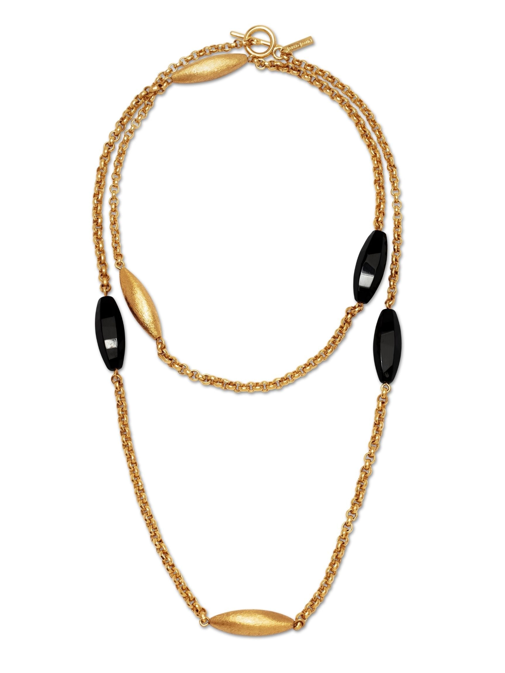 Gold chain necklace with alternating oblong gold and black beads, featuring a toggle clasp. The design is elegant and symmetrical, with a mix of shiny and matte textures.