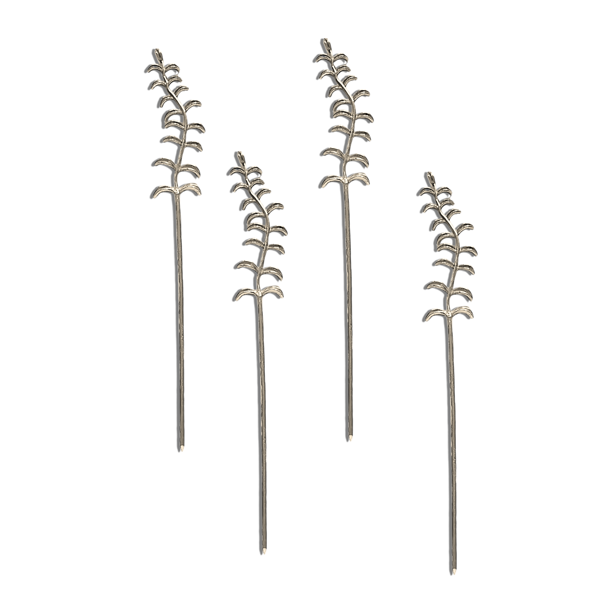 Four decorative, silver-colored botanical stems with branches symmetrically arranged, each comprising multiple pairs of opposing leaves. The intricate design creates a delicate appearance.