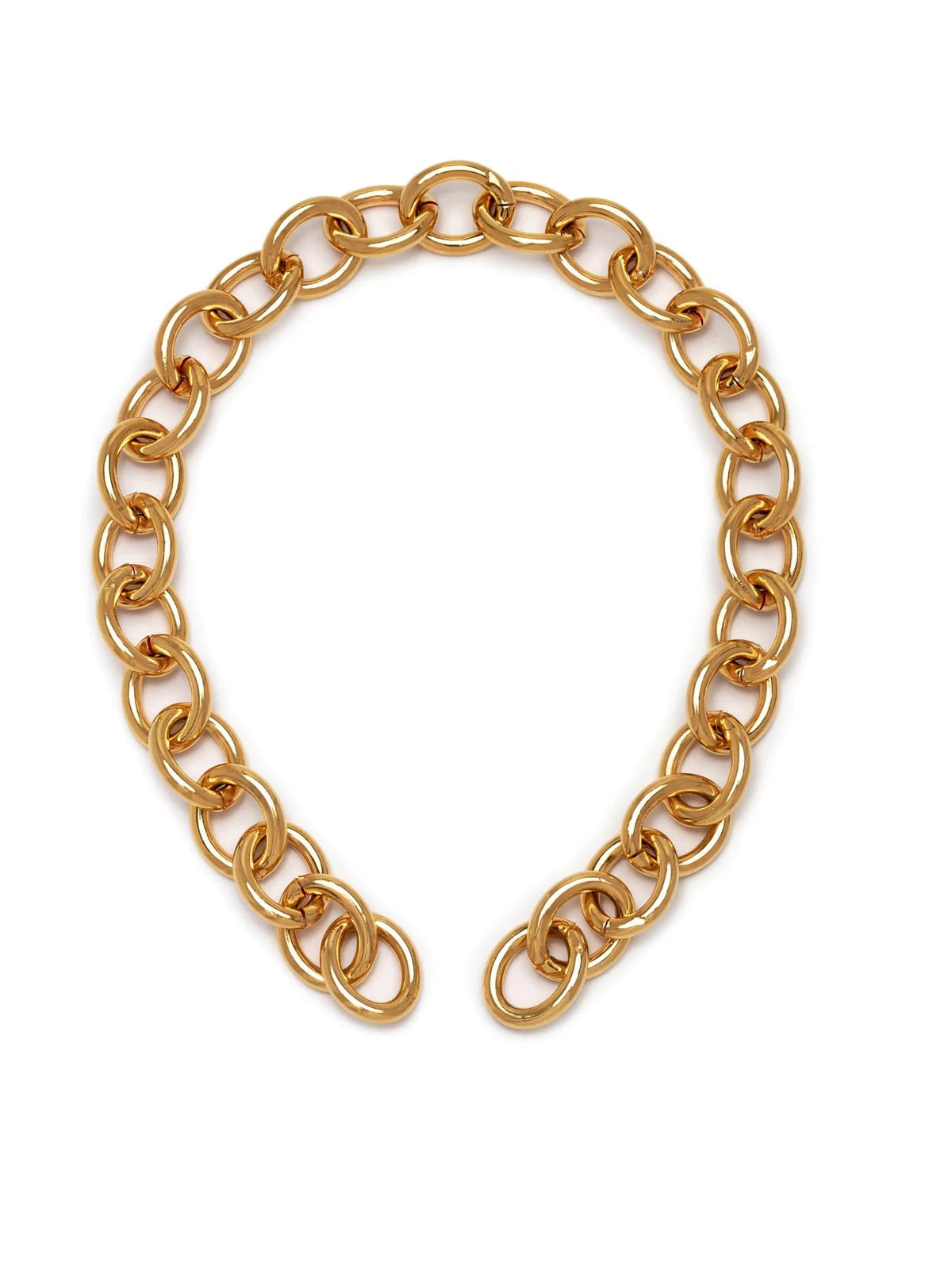 Gold chain necklace arranged in a loose semicircle. The links are oval-shaped and interlocked, creating a polished and reflective appearance. The chain rests against a white background, emphasizing its shiny texture.