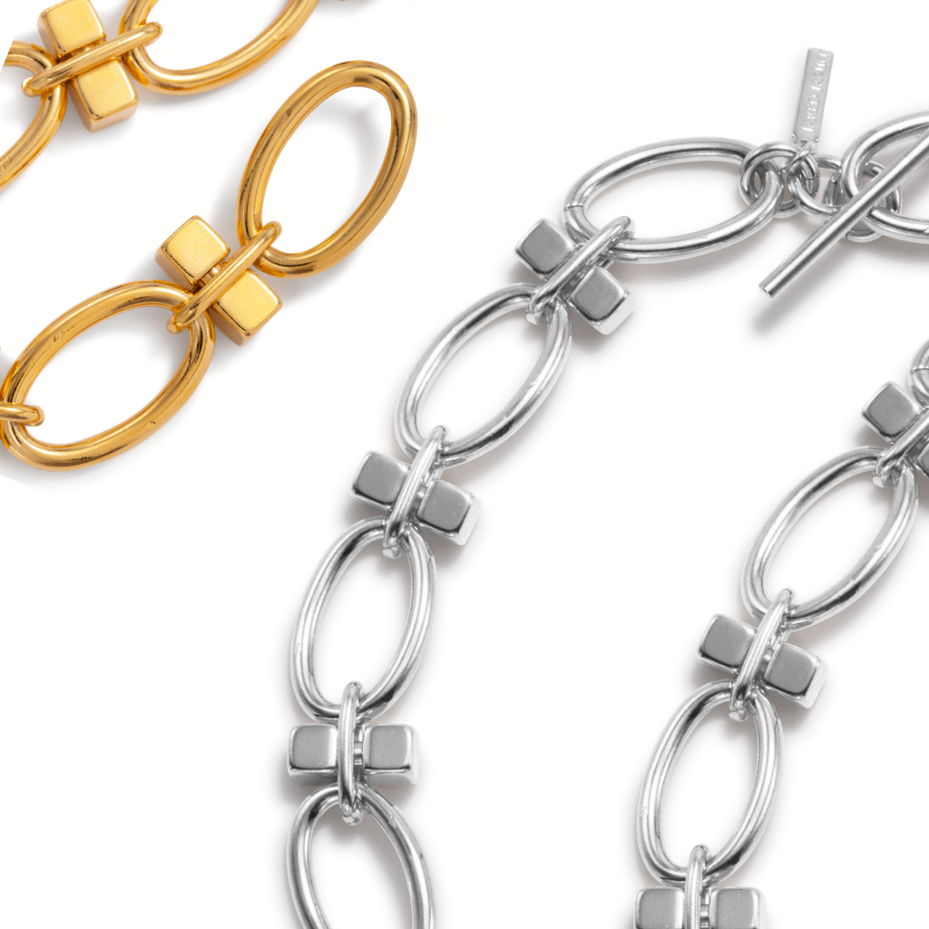 Gold and silver chain links with interlocking oval shapes and square connectors. The silver chain has a clasp, while the gold section is smaller and featured at the top left. The background is white.