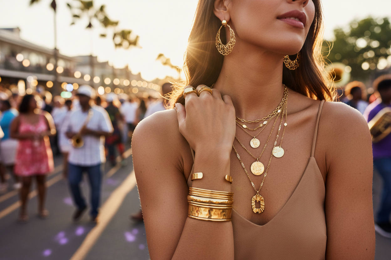 A woman in a tan top wears layered gold necklaces, earrings, rings, and bracelets at an outdoor festival with people, palm trees, and string lights visible in the background at sunset.