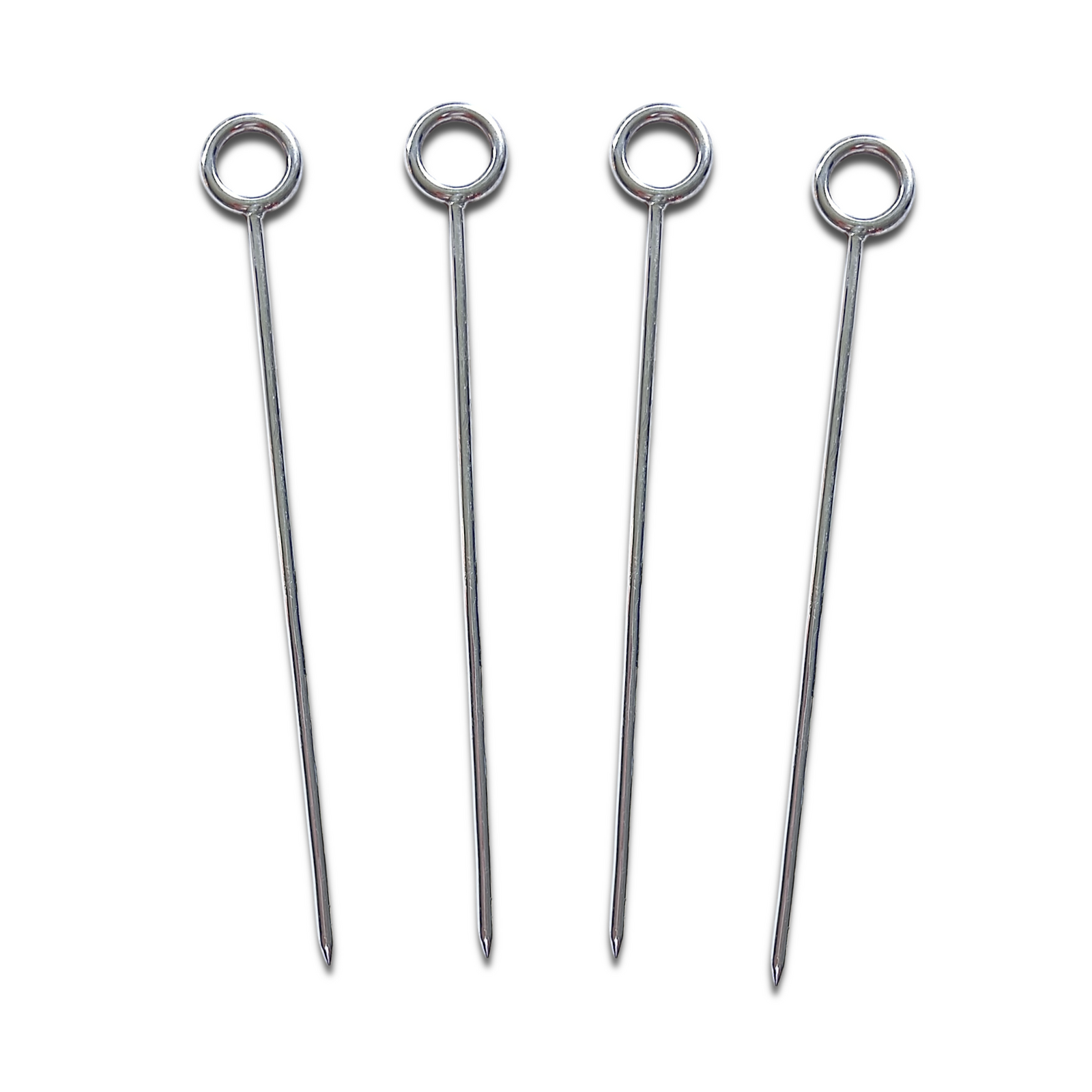 The Silver It's Five o' Clock Cocktail Skewers Set by JAREDJAMIN Barware and More features four straight, silver-plated picks with round loops, arranged vertically on a white background—perfect for cocktail hour or stylish parties.