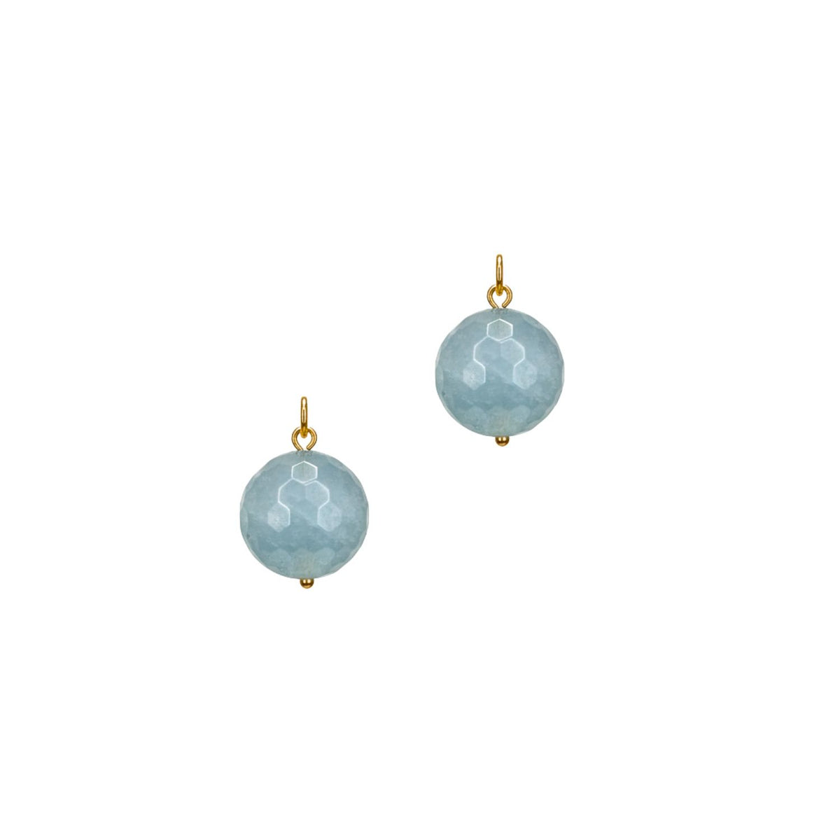 These earrings from JAREDJAMIN Jewelry Online showcase 16MM Faceted Ball Earring Charms in light blue, with small gold hooks, emphasizing their elegant color and smooth texture.