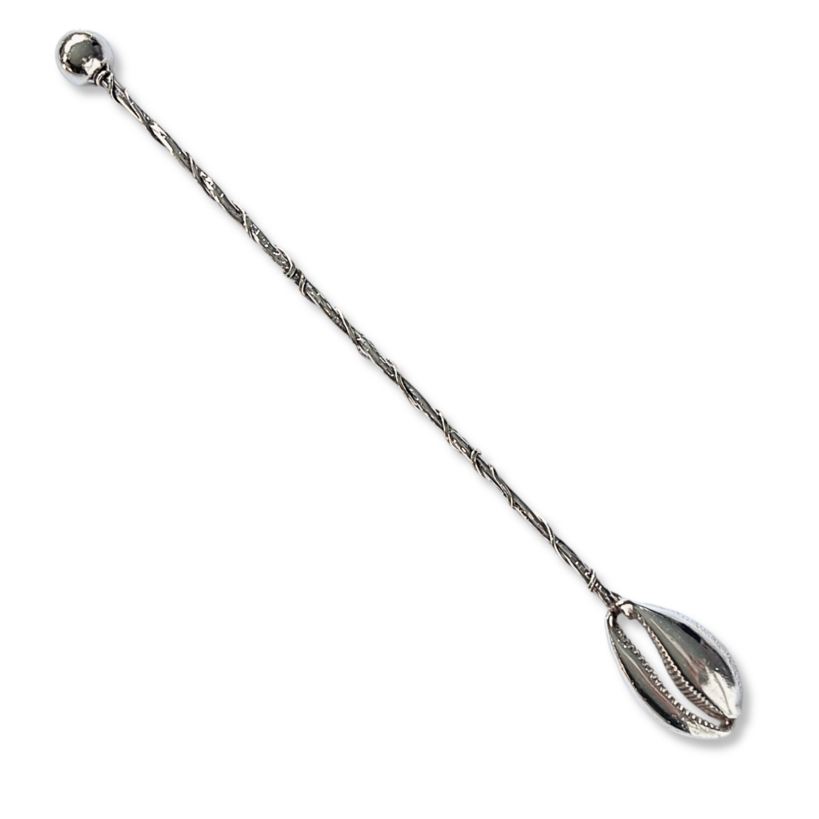 The JAREDJAMIN Barware and More Silver Cowrie Cocktail Stirrer features a silver-plated twisted handle, a round ball tip, and a shell-shaped strainer—an elegant tool to elevate your cocktails. Shown on a white background.