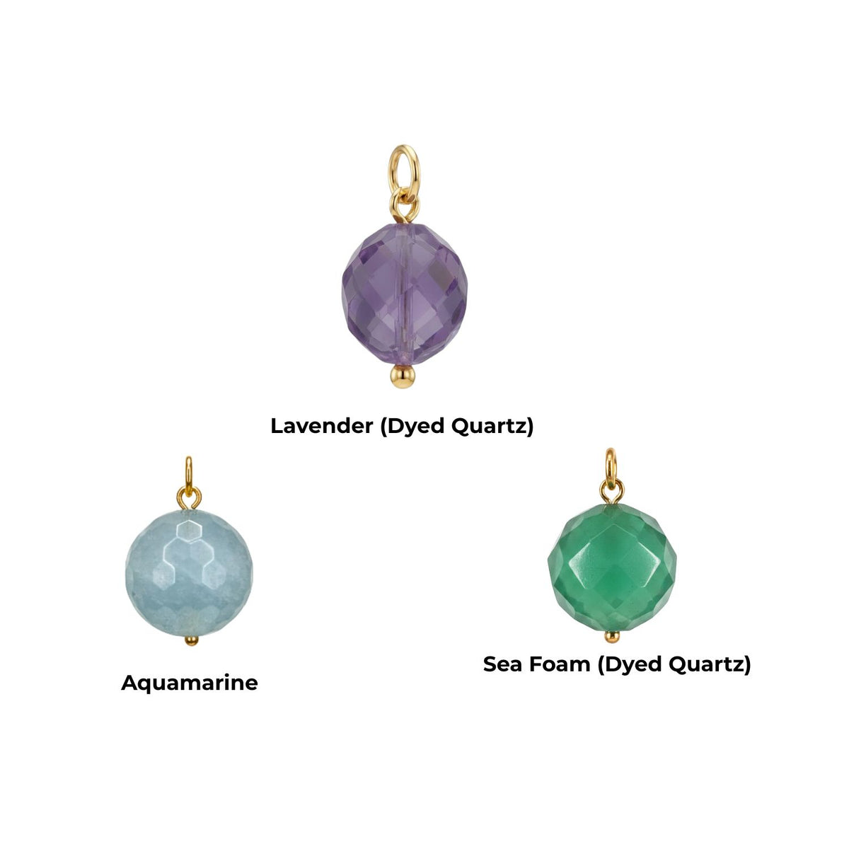 Add sparkle to your créoles avec JAREDJAMIN Bijoux en Ligne’s 16MM Faceted Ball boucle d'oreille breloques: a purple Lavender Dyed Quartz oval, a round Aquamarine, et a round Sea Foam Dyed Quartz, all avec or loops.
