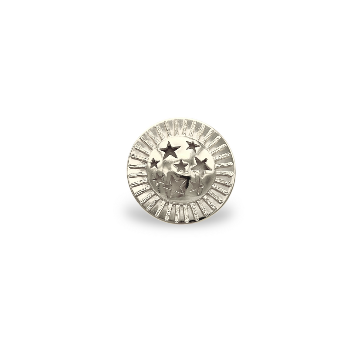 The Starburst Statement Ring by JAREDJAMIN Jewelry Online features a round, silver-tone design with embossed stars at the center and radiating lines for a sunburst effect, set against a white background that highlights its refined, celestial elegance.