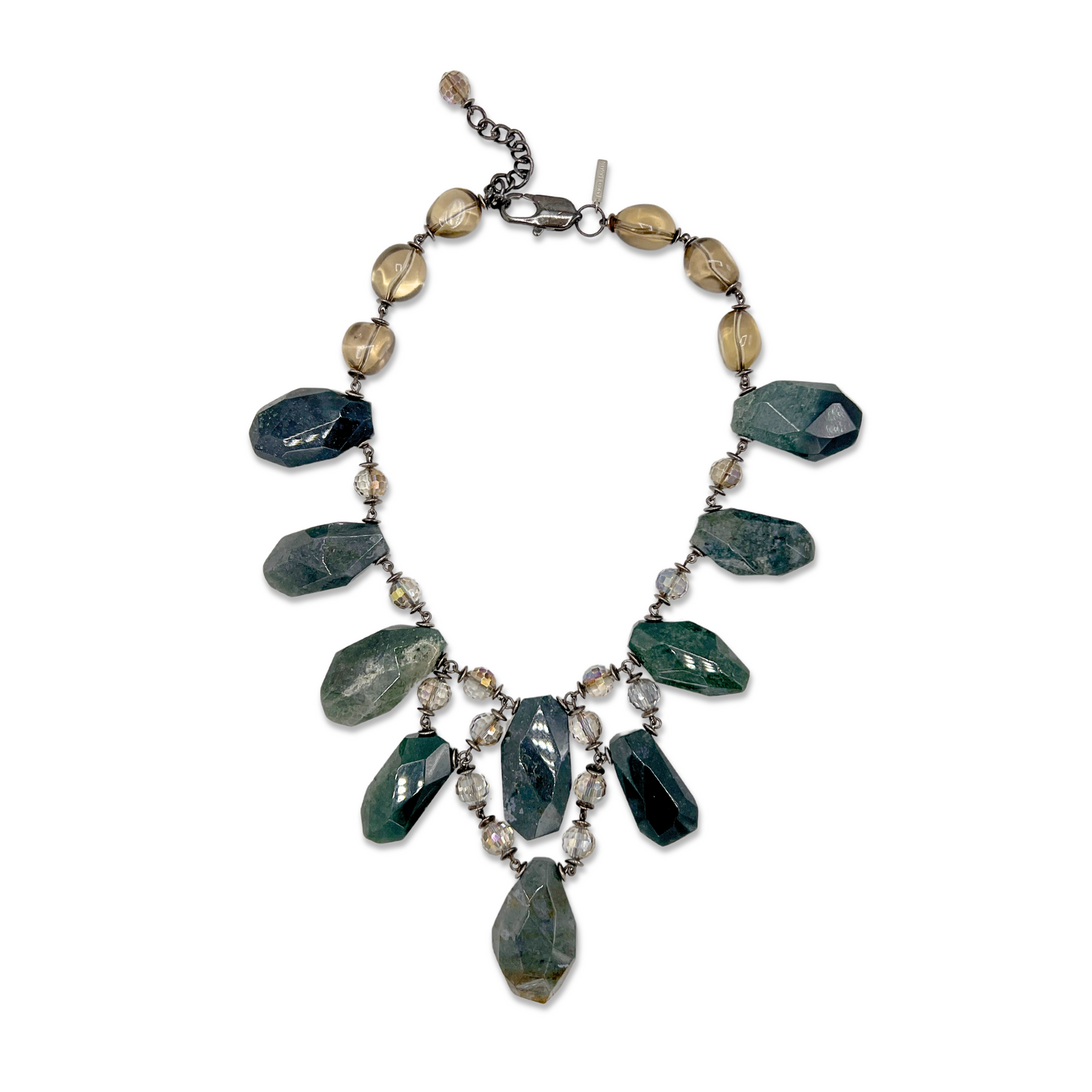 The Versailles Vixen Jasper Necklace by JAREDJAMIN Jewelry Online features large, irregular green Jasper pendants, smaller round beads, and beige oval beads near the metal clasp—all linked by silver wire.