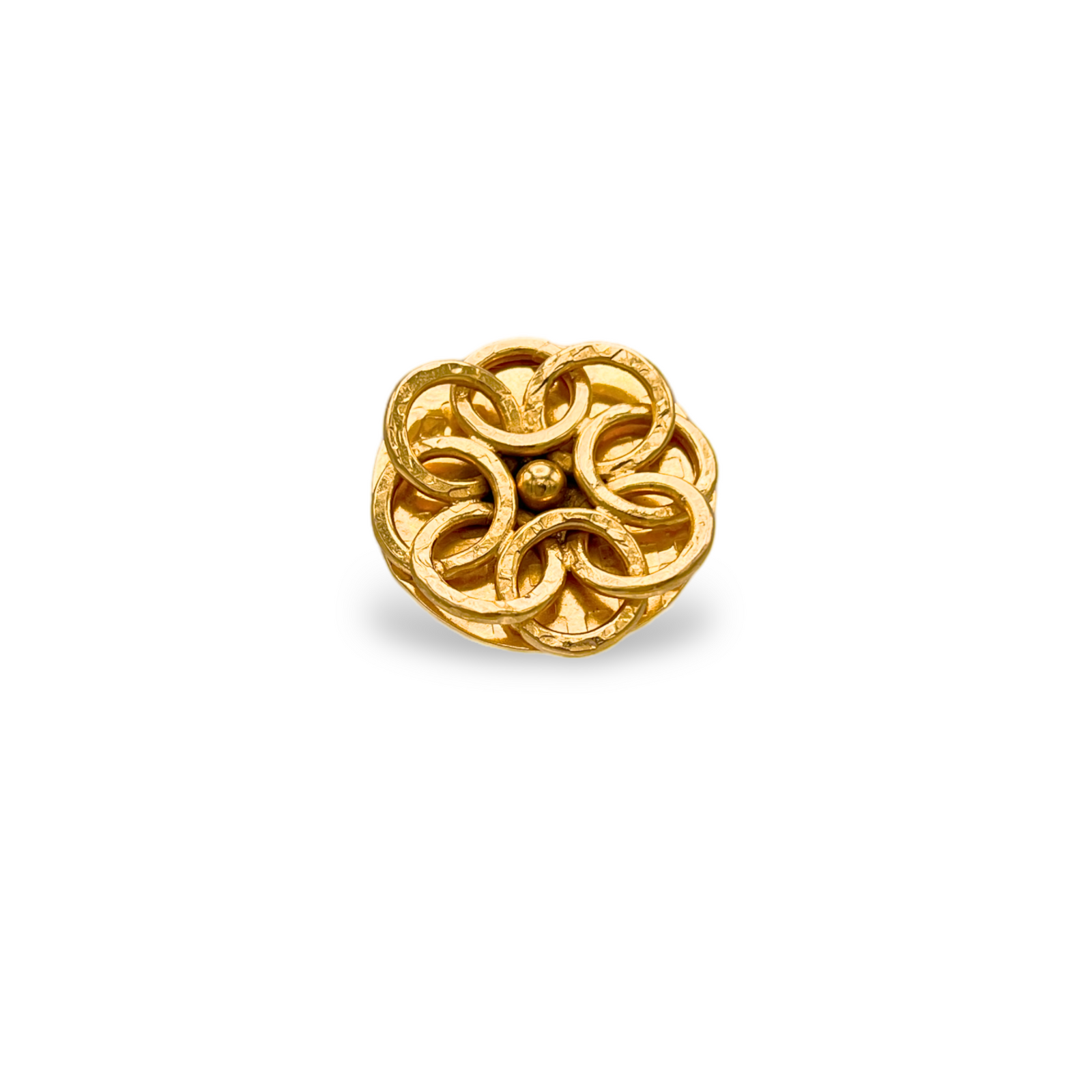 The Gold Santorini Rose Ring by JAREDJAMIN Jewelry Online features an intricate, symmetrical openwork design with interlocking loops and a textured, shiny finish that casts a soft shadow on a white background.