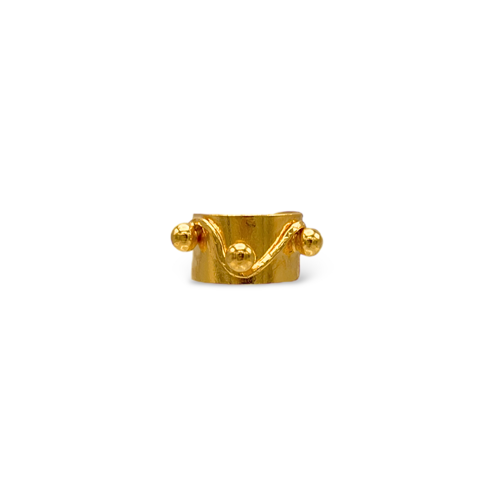The Gold Chivalry Ring from JAREDJAMIN Jewelry Online features a wide, adjustable band with a raised wavy pattern and three round gold beads, creating a unique crown-like look perfect for any gender.