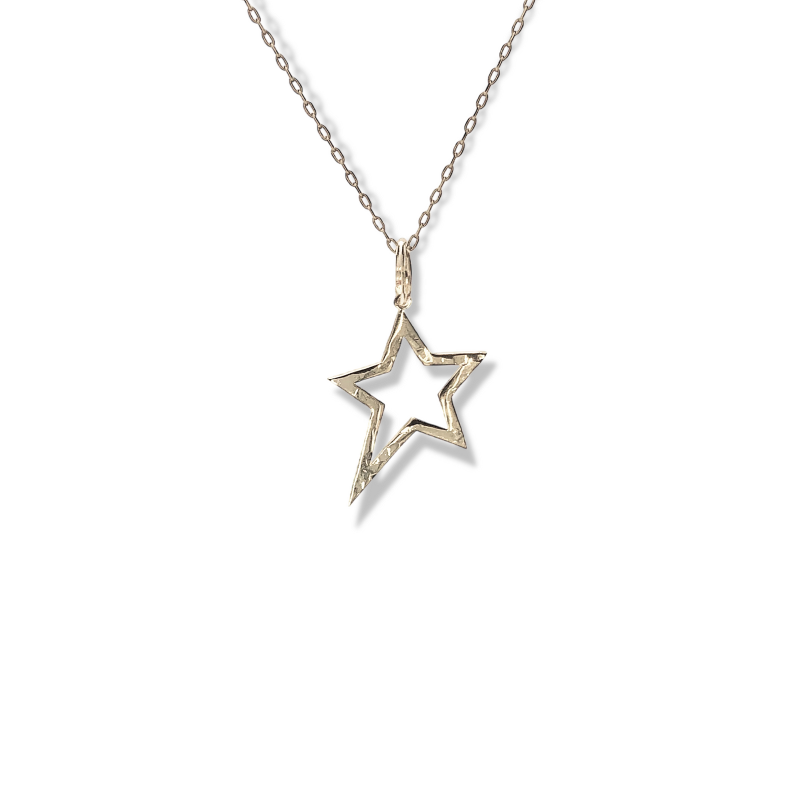The Silver Shooting Star Pendant Charm sm by JAREDJAMIN Jewelry Online features a rhodium-plated, hollow five-pointed star with textured edges and a top loop—perfect as a unique necklace charm. Shown on a plain white background.