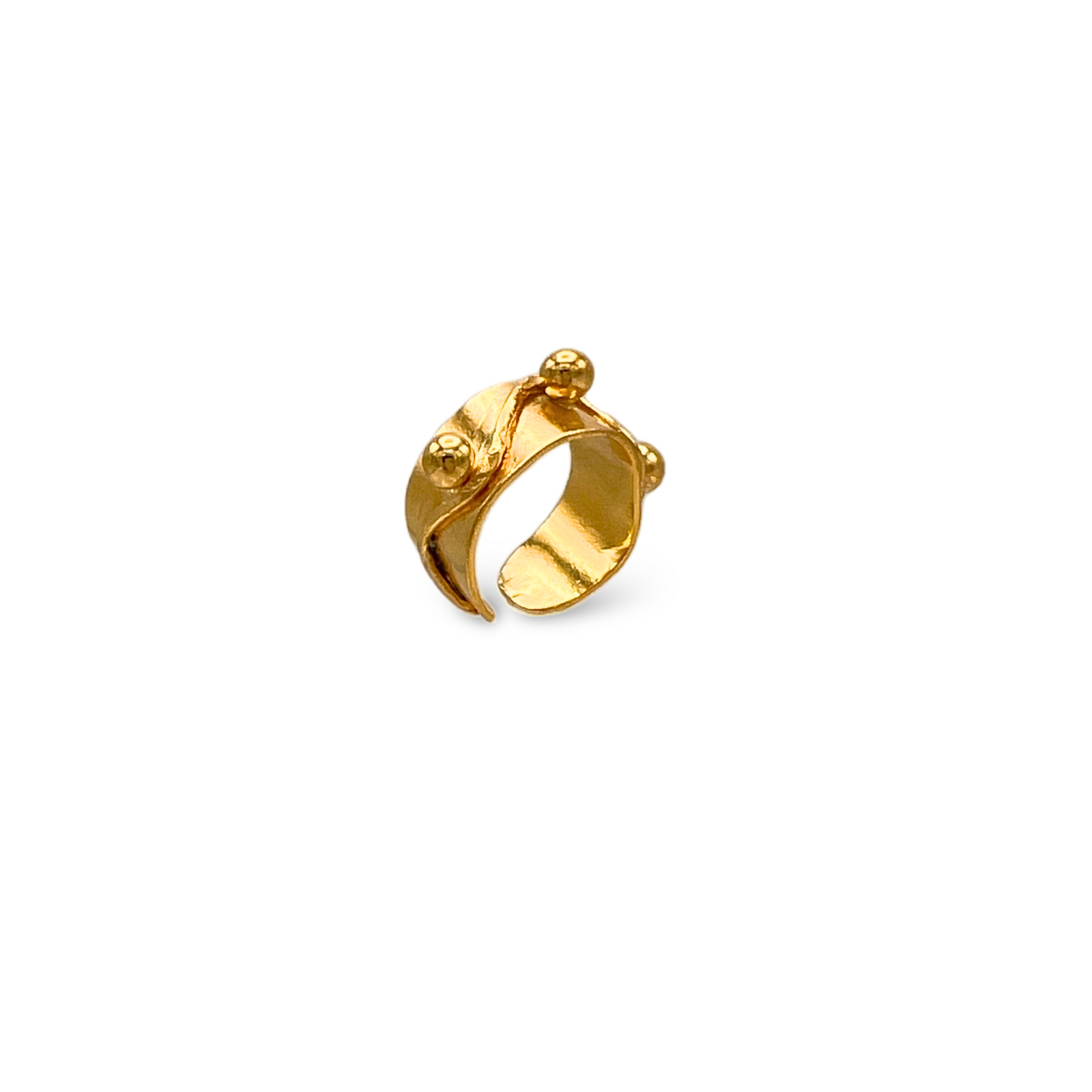 The Gold Chivalry Ring from JAREDJAMIN Jewelry Online features a wide, adjustable band with a raised wavy pattern and three round gold beads, creating a unique crown-like look perfect for any gender.