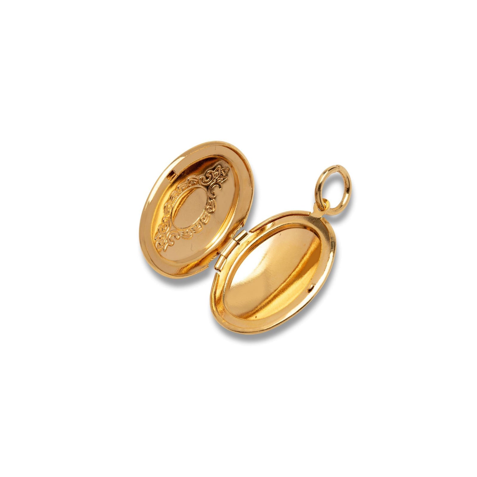 The Gold Edwardian Necklace Pendant Locket by JAREDJAMIN Jewelry Online features a vintage 18K gold plate oval design with engraved scrollwork and a central smooth area, hanging from a fine chain. The locket is closed and exudes elegant charm.