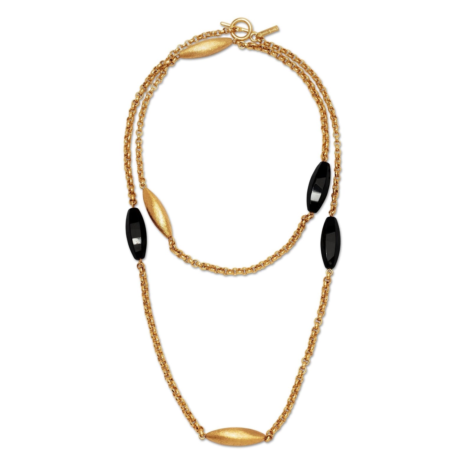 The Zeppelin Luna Onyx Necklace by JAREDJAMIN Jewelry Online features three matte 18k gold oval beads and three glossy black oval beads, evenly spaced on a handcrafted gold chain with a toggle clasp. The design is delicate and elegant against a white background.