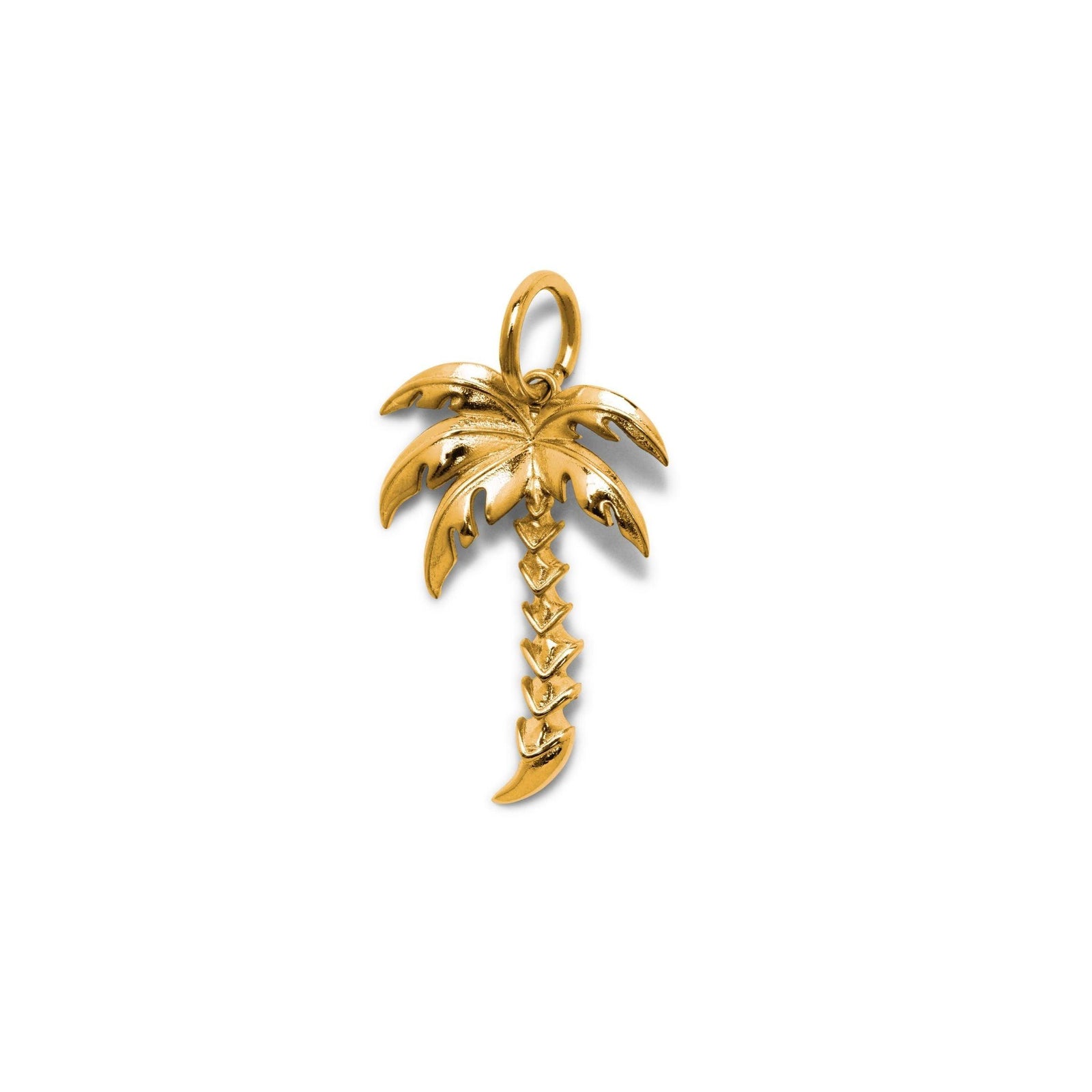 The JAREDJAMIN Jewelry Online Gold Palm Necklace Pendant Charm features textured fronds, a zigzag trunk pattern, and a top loop for chains, displayed on a plain white background.