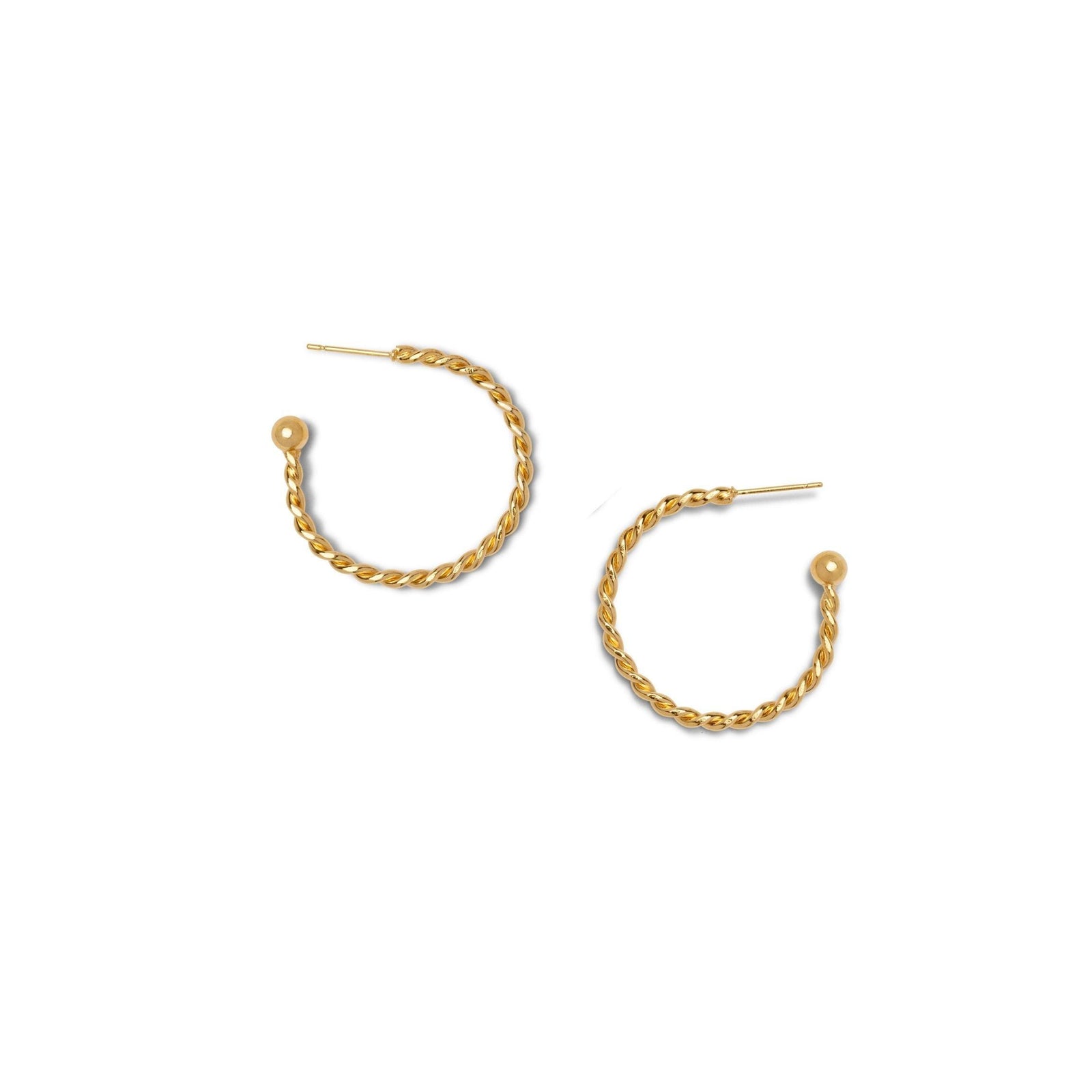 The Bernini Twist Gold Hoop Post Earrings sm by JAREDJAMIN Jewelry Online feature a twisted shimmer design, gold plating, never-tarnish e-coating, and are shown lying flat with visible posts and backings on a white background.