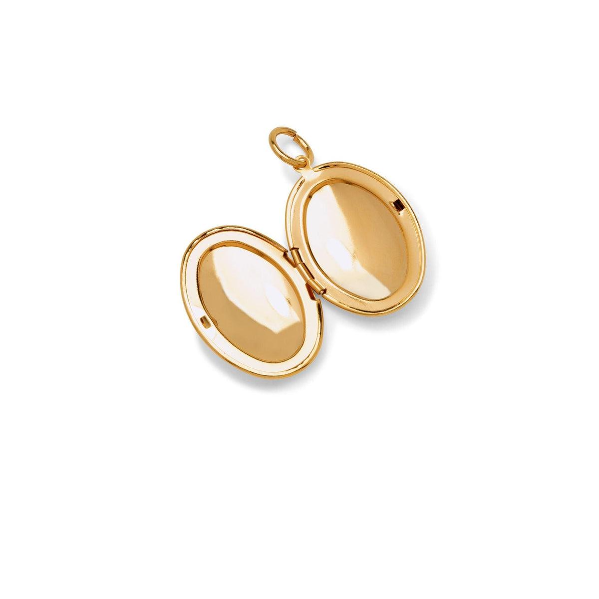 Los JAREDJAMIN Joyería Online oro Smooth collar colgante Locket is shown open sobre un plain fondo blanco, revealing two empty inner compartments. Finished in 18K oro plate, it features a small top loop for attaching as a collar dije.