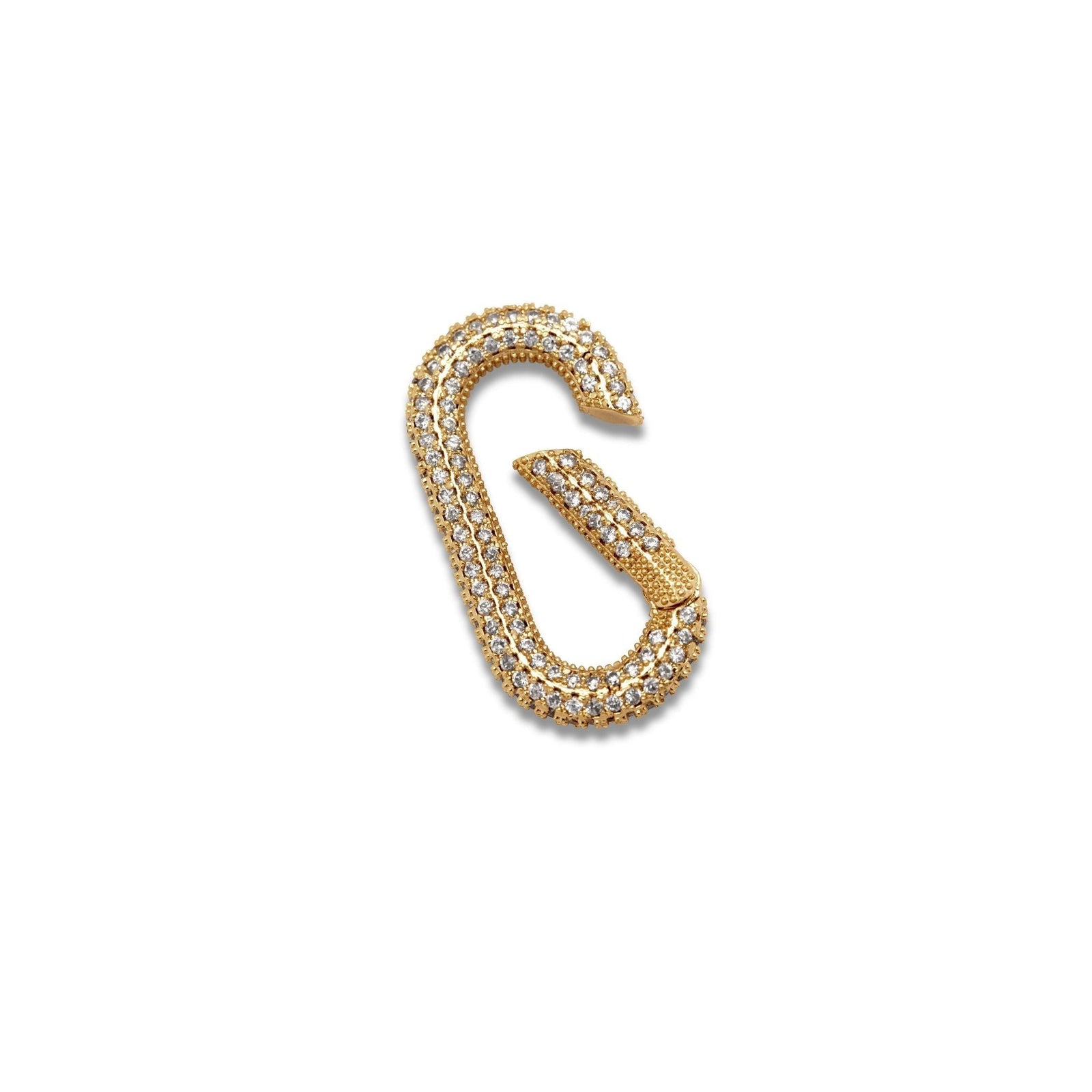 The Gold Oval Pavé Clicker Clasp by JAREDJAMIN Jewelry Online features a carabiner shape, 18K gold plating, and a textured hinge. Sparkling cubic zirconia stones densely cover its smooth outline, all shown on a white background.