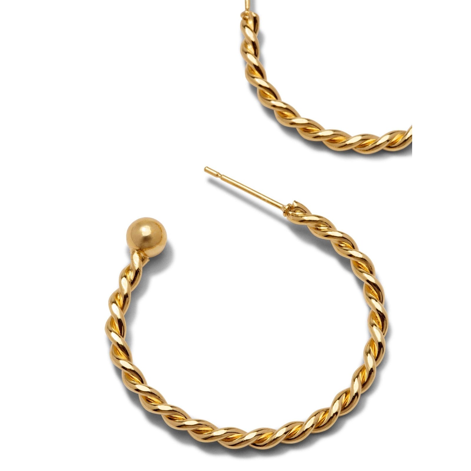 The Bernini Twist Gold Hoop Post Earrings sm by JAREDJAMIN Jewelry Online feature a twisted shimmer design, gold plating, never-tarnish e-coating, and are shown lying flat with visible posts and backings on a white background.