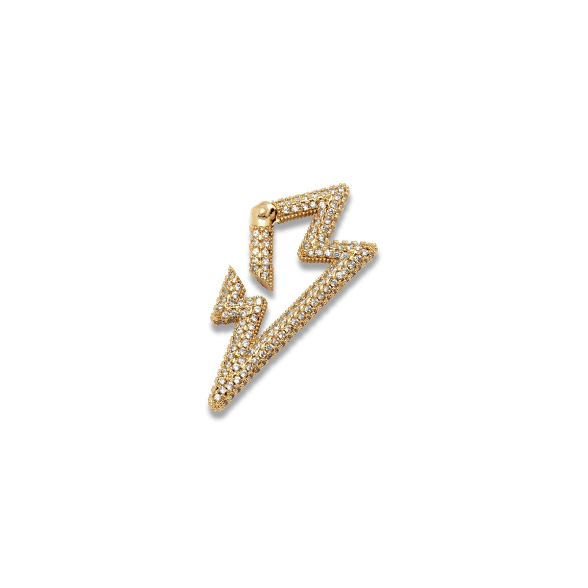 The Gold Lightning Bolt Pavé Clicker Clasp by JAREDJAMIN Jewelry Online is an 18K gold plated earring with a zigzag lightning bolt shape, sparkling cubic zirconia, angular geometric design, and a hinged closure on a plain white background.