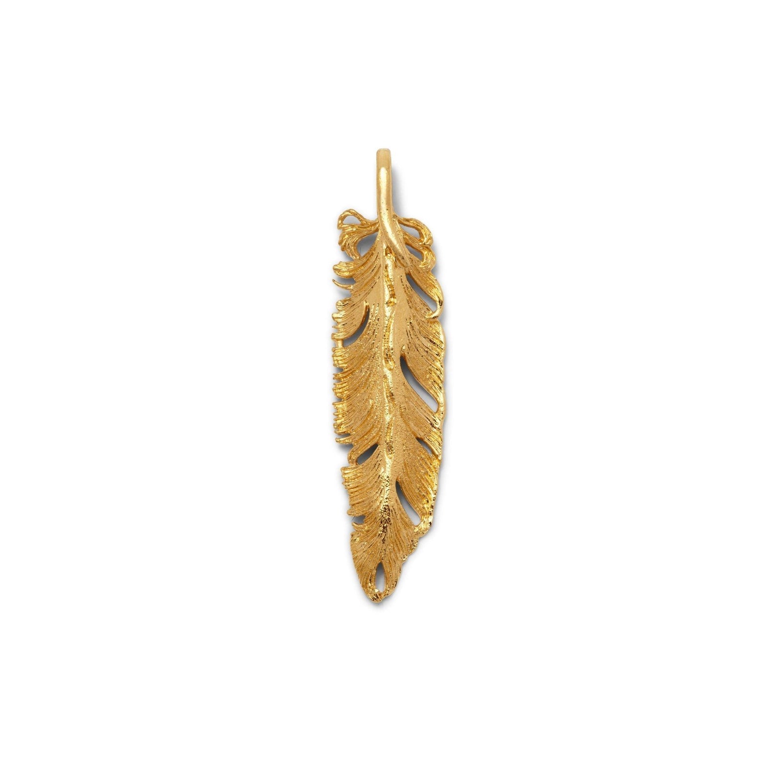 The Gold Plume Pendant Charm by JAREDJAMIN Jewelry Online features detailed textured feather lines, a top loop for a cable chain, and an elegant 18K gold plated finish, shown against a plain white background.