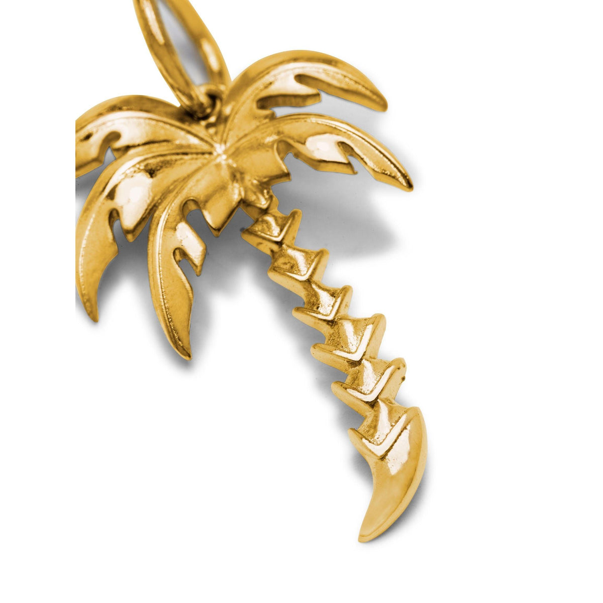 The Gold Palm Necklace Pendant Charm by JAREDJAMIN Jewelry Online is a gold-plated palm tree charm with detailed leaves and a textured trunk, shown on a white background highlighting its reflective surface and intricate design.