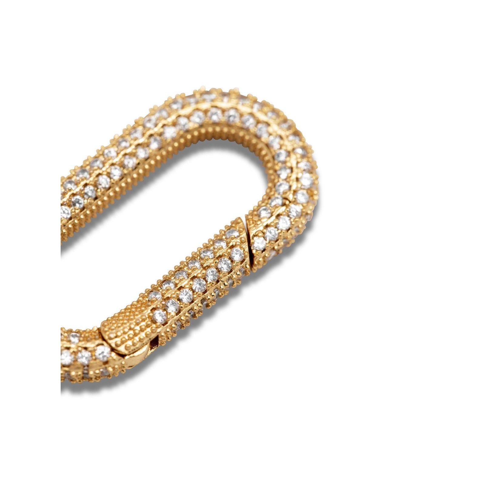 The Gold Oval Pavé Clicker Clasp by JAREDJAMIN Jewelry Online features a carabiner shape, 18K gold plating, and a textured hinge. Sparkling cubic zirconia stones densely cover its smooth outline, all shown on a white background.
