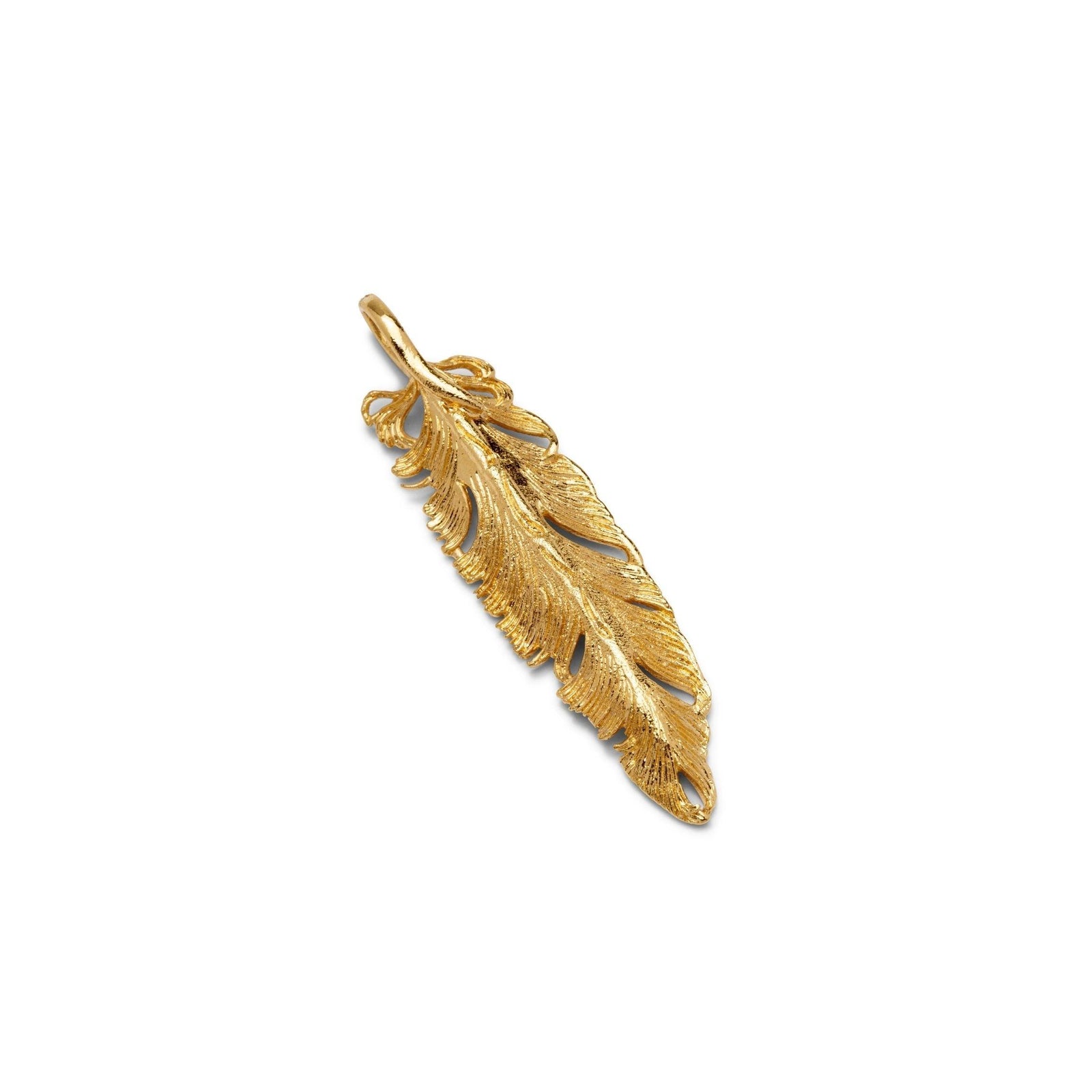 The Gold Plume Pendant Charm by JAREDJAMIN Jewelry Online features detailed textured feather lines, a top loop for a cable chain, and an elegant 18K gold plated finish, shown against a plain white background.