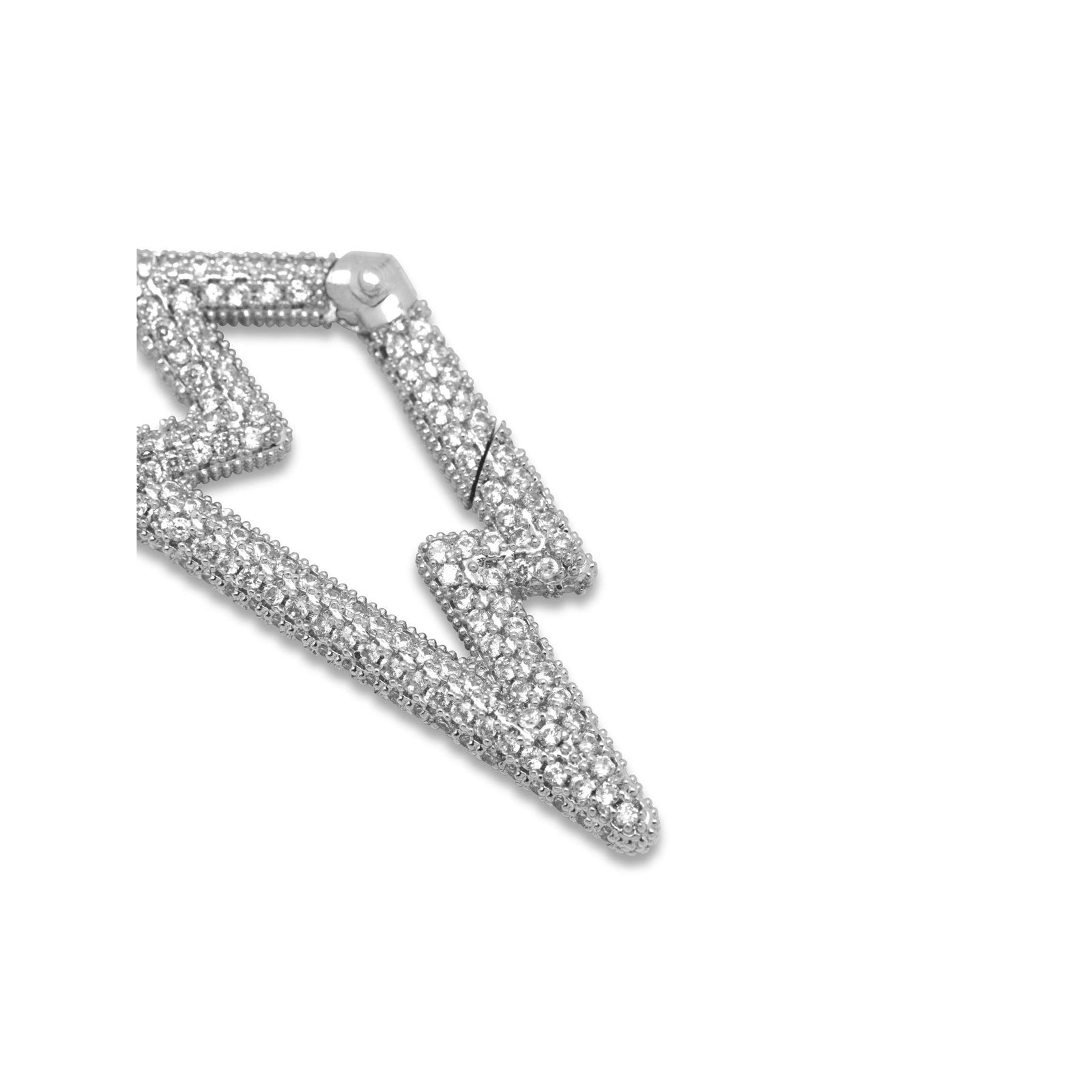 The Silver Lightning Bolt Pavé Clicker Clasp by JAREDJAMIN Jewelry Online features a zigzag lightning bolt shape adorned with sparkling cubic zirconia and a round raised bead, shown against a plain white background.