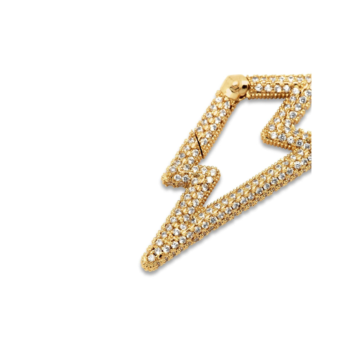 A close-up of the JAREDJAMIN Jewelry Online Gold Lightning Bolt Pavé Clicker Clasp showcases its 18K gold plating and sparkling cubic zirconia, highlighting the intricate angular design against a white background.