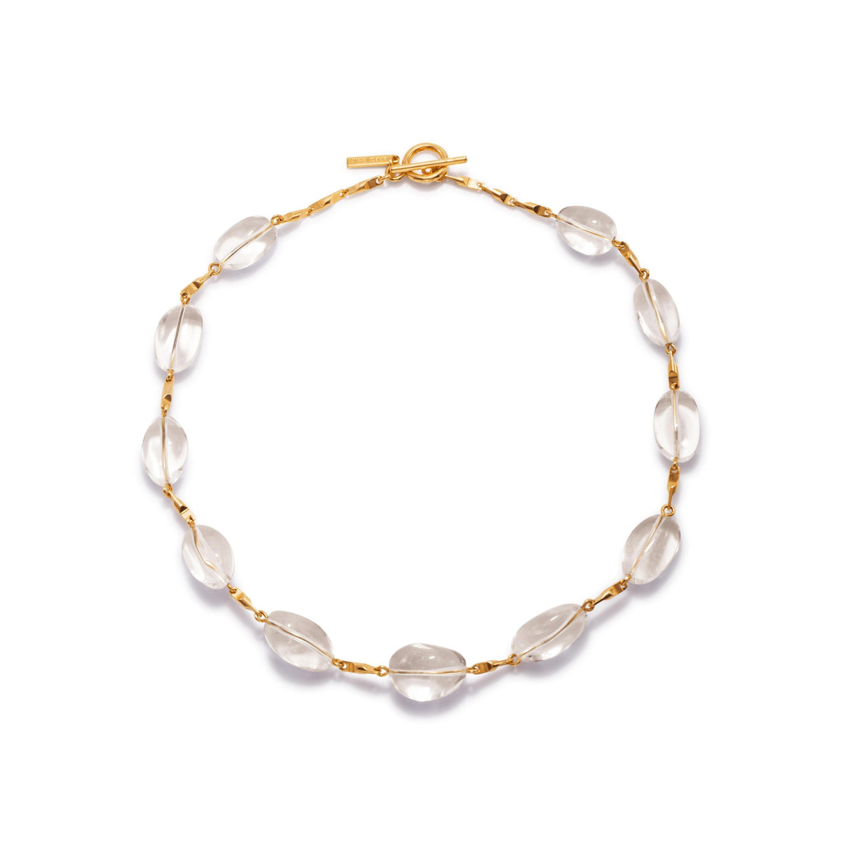 Los Arctic oro Bar-Link collar de JAREDJAMIN Joyería Online features clear cristal Quartz beads set along an 18K bañado en oro cadena con a oro toggle clasp, combining alternating oro links y translucent stones para un minimalist, elegante style.