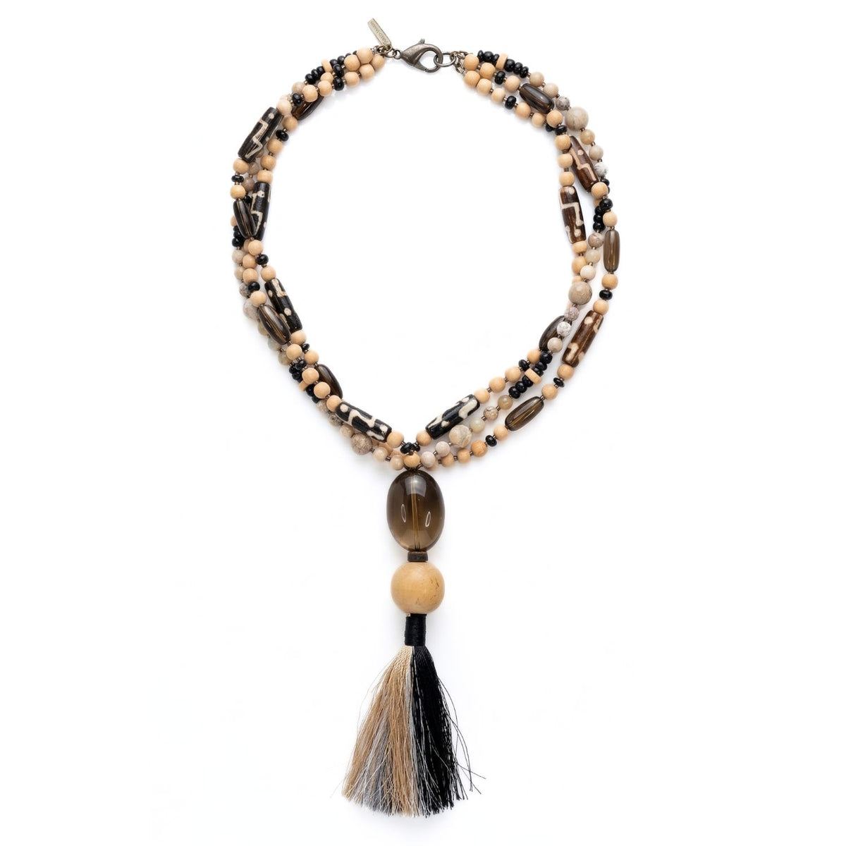 JAREDJAMIN Adamah Necklace: A one-of-a-kind triple-strand statement piece featuring African White Opal, upcycled horn beads, and a large smoky quartz focal on a clean white background.