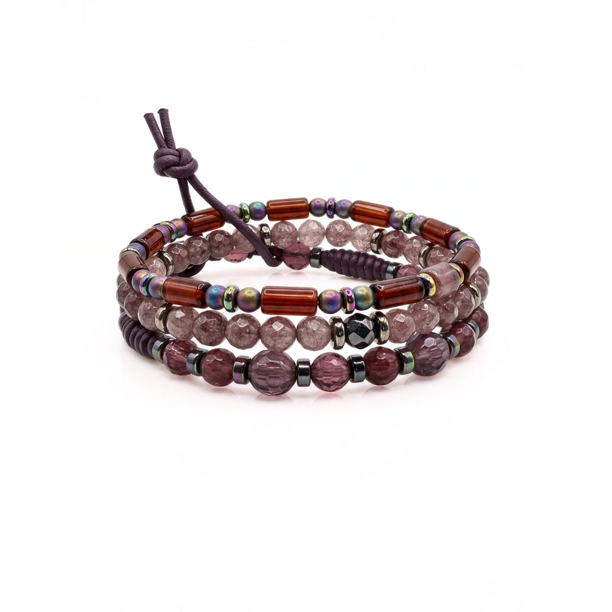Jared Jamin Sedona Dusk Men's Bracelet Set featuring purple gemstones, lavender quartz, and brown earth-tones with gunmetal and rainbow-plated hematite accents.