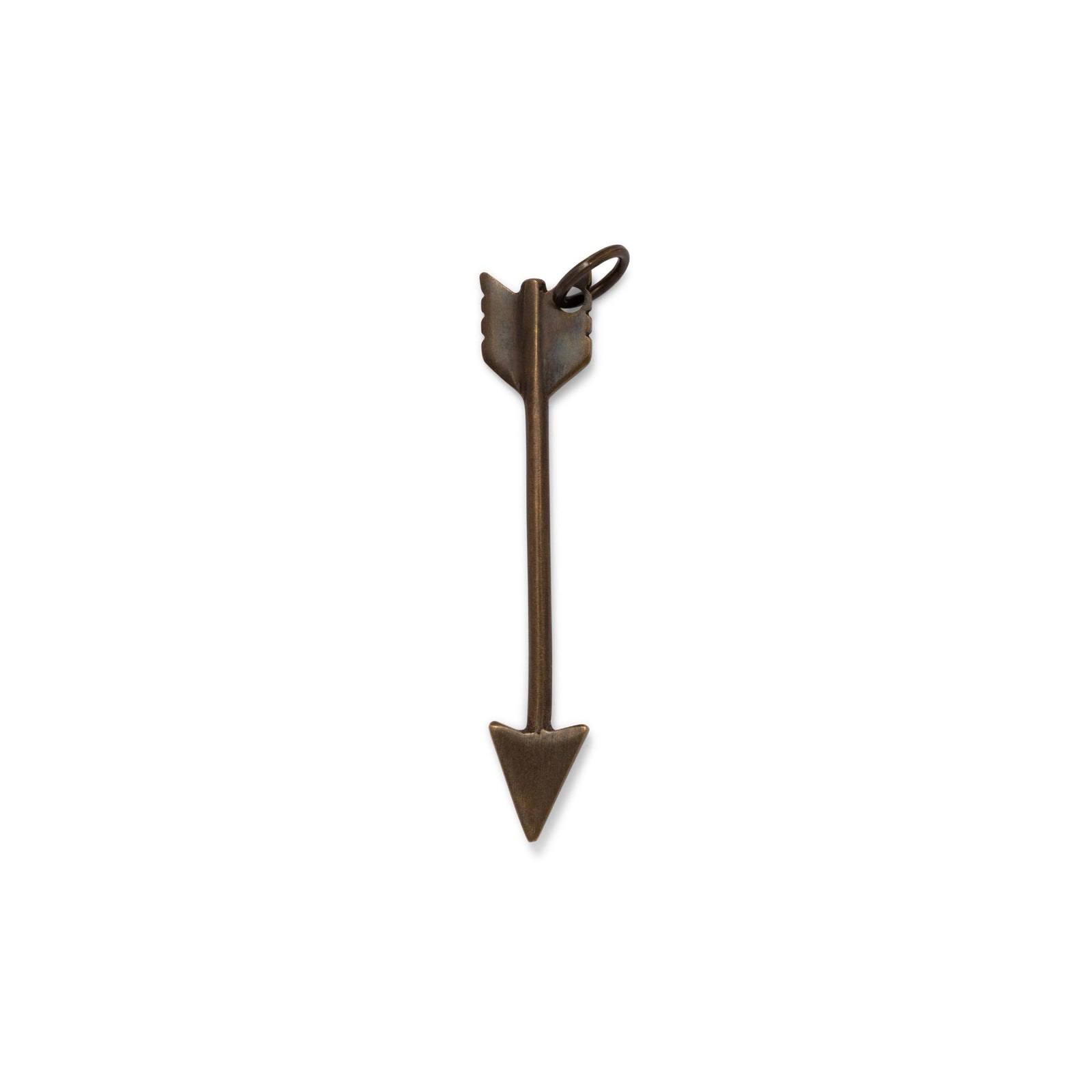 The Antique Arrow Necklace Pendant Charm by JAREDJAMIN Jewelry Online features a bronze-tone downward-pointing arrow with a triangular tip, feathered tail, and top loop for chains or as a pendant, shown against a plain white background.