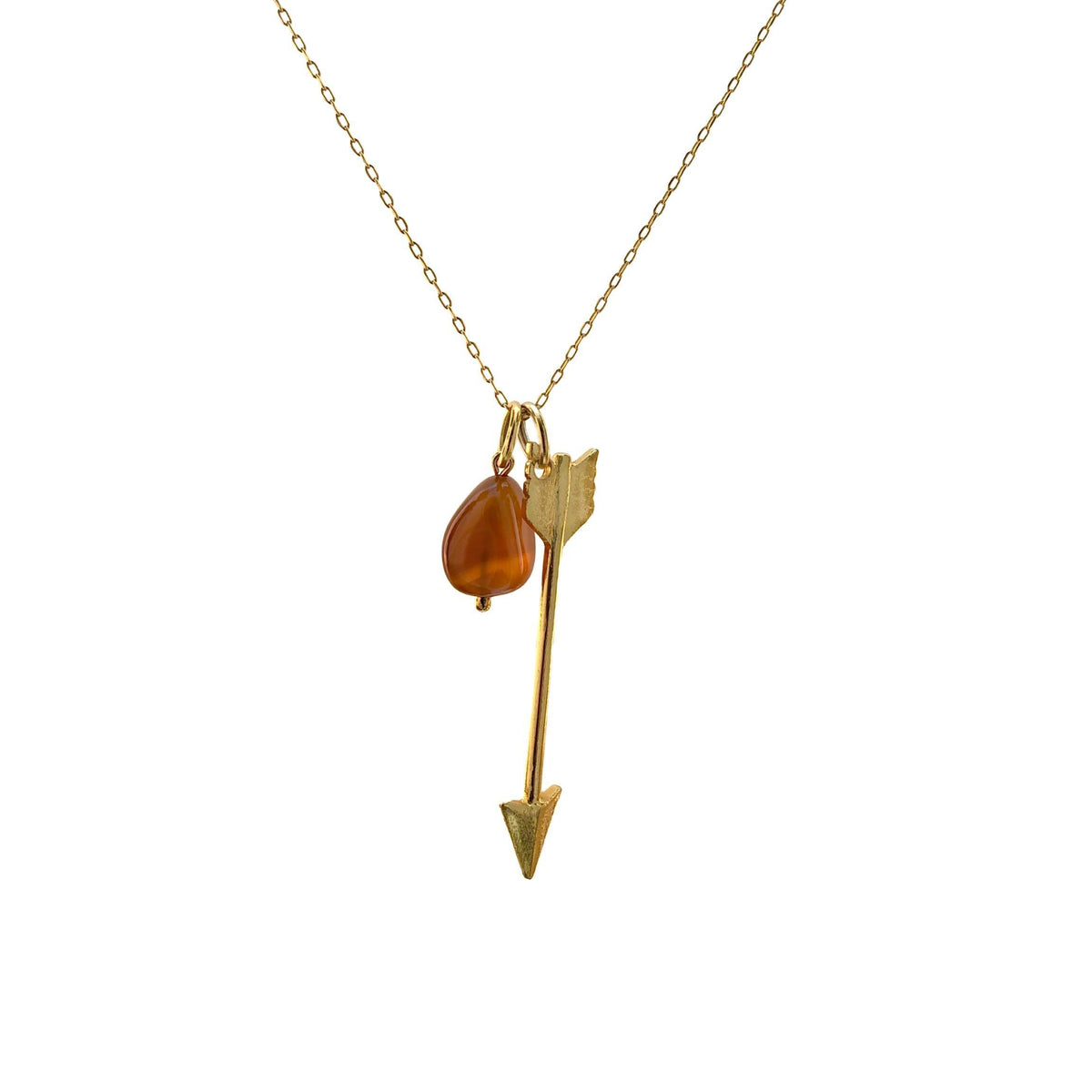 The JAREDJAMIN Jewelry Online Gold Arrow Necklace Pendant Charm features an 18K gold plated arrow with detailed fletching and a teardrop-shaped amber stone, both hanging side by side on a delicate gold chain.
