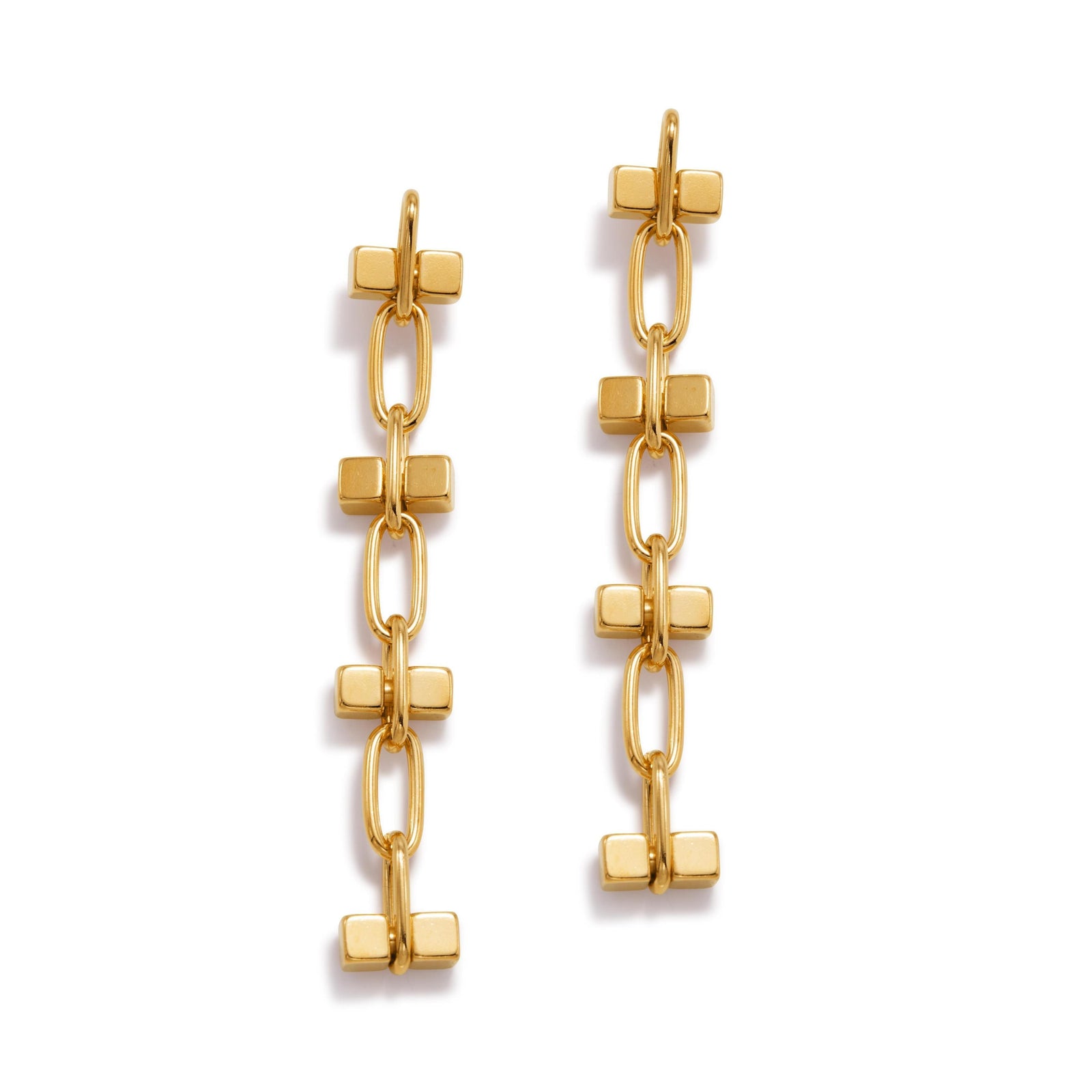 The Gold Blockbuster 4 Block Earrings by JAREDJAMIN Jewelry Online are 18K gold plated, featuring a sleek row of alternating rectangular bars and oval links in a modern, geometric clip-on design with a polished finish.