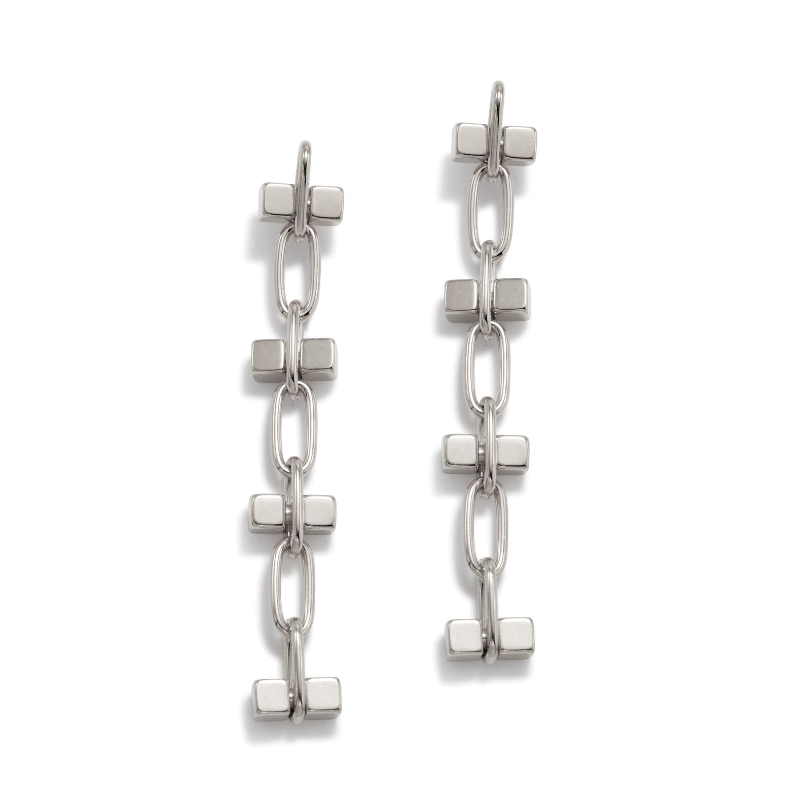The Silver Blockbuster 4 Block Earrings by JAREDJAMIN Jewelry Online feature silver-plated brass with a geometric chain of three oval links and rectangular bars, creating a modern look that stands out against a white background.