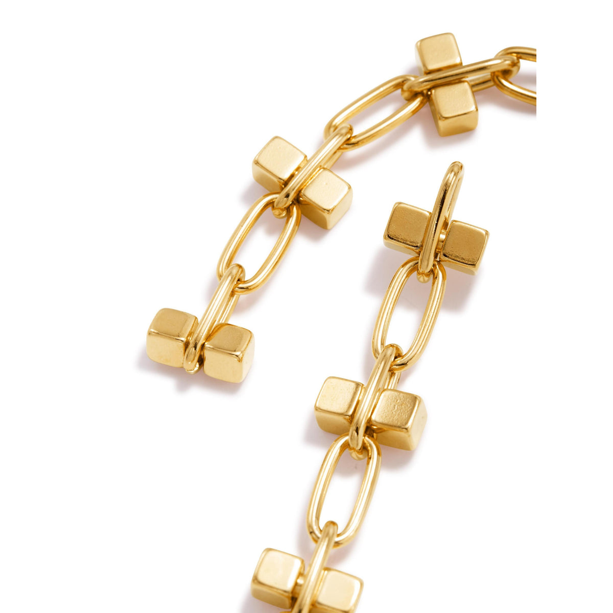 Close-up of the Gold Blockbuster 4 Block Earrings by JAREDJAMIN Jewelry Online, featuring elongated oval links separated by small, square-shaped gold beads with rounded edges for a modern geometric look. Set against a white background.