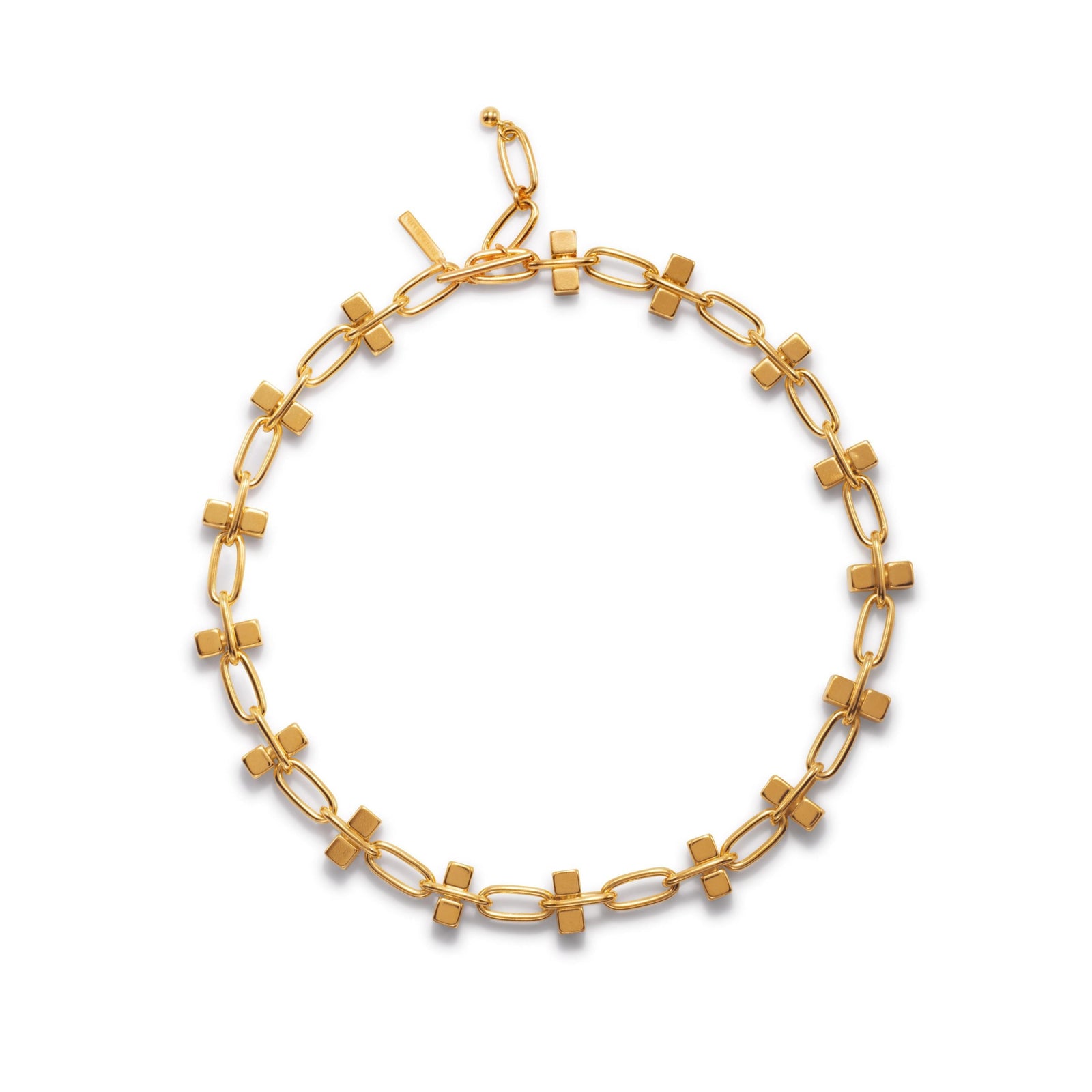 The Blockbuster Gold Chain Collier Necklace by JAREDJAMIN Jewelry Online features modern, geometric 18K gold-plated oval links with square accents and an adjustable toggle clasp with a ball detail and stylish dangling extension.