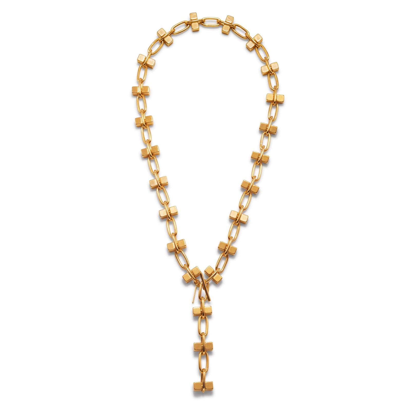 The Blockbuster Gold Chain Long Necklace by JAREDJAMIN Jewelry Online showcases interlocking rectangular and cross-shaped links in 18K gold plating, forming a modern lariat design with three polished hanging links for an elegant finish.