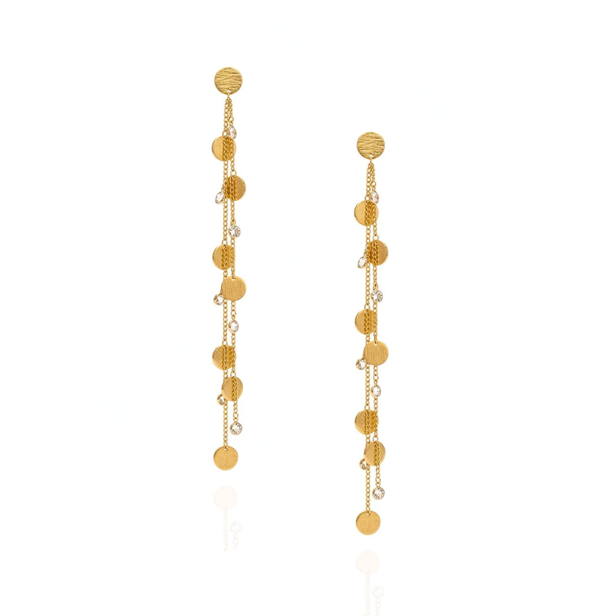 High-resolution studio product shot of the JAREDJAMIN Babylonica Dangle Earrings against a white background, highlighting the 18k gold-plated multi-chain strands, polished discs, and clear crystal accents.