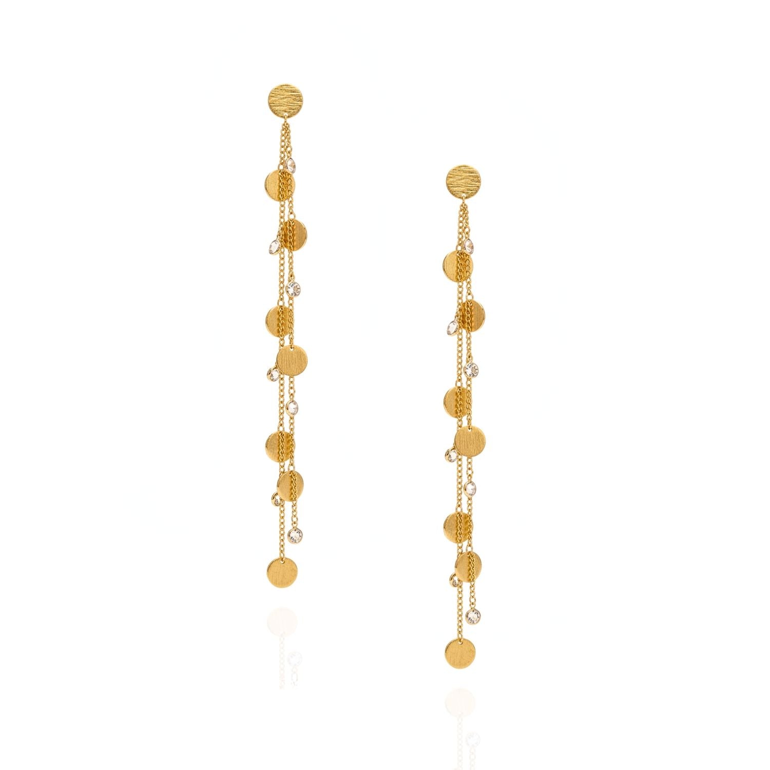 High-resolution studio product shot of the JAREDJAMIN Babylonica Dangle Earrings against a white background, highlighting the 18k gold-plated multi-chain strands, polished discs, and clear crystal accents.