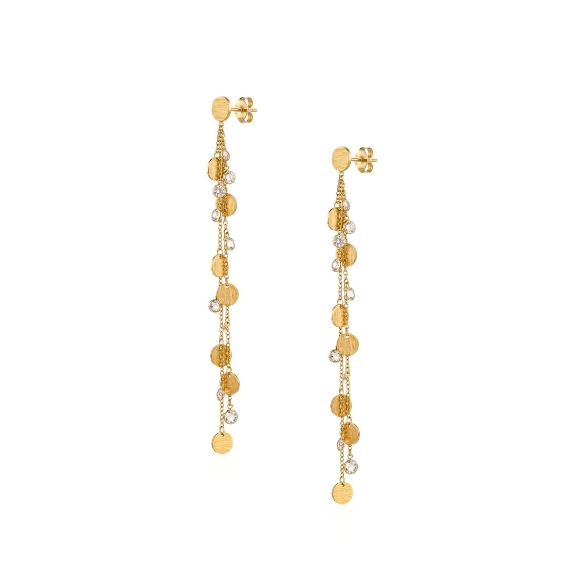 Angled layout view of the gold Babylonica dangle post earrings resting on a white surface, showcasing the secure ear post backs and the clean alignment of the delicate multi-chain fringe.