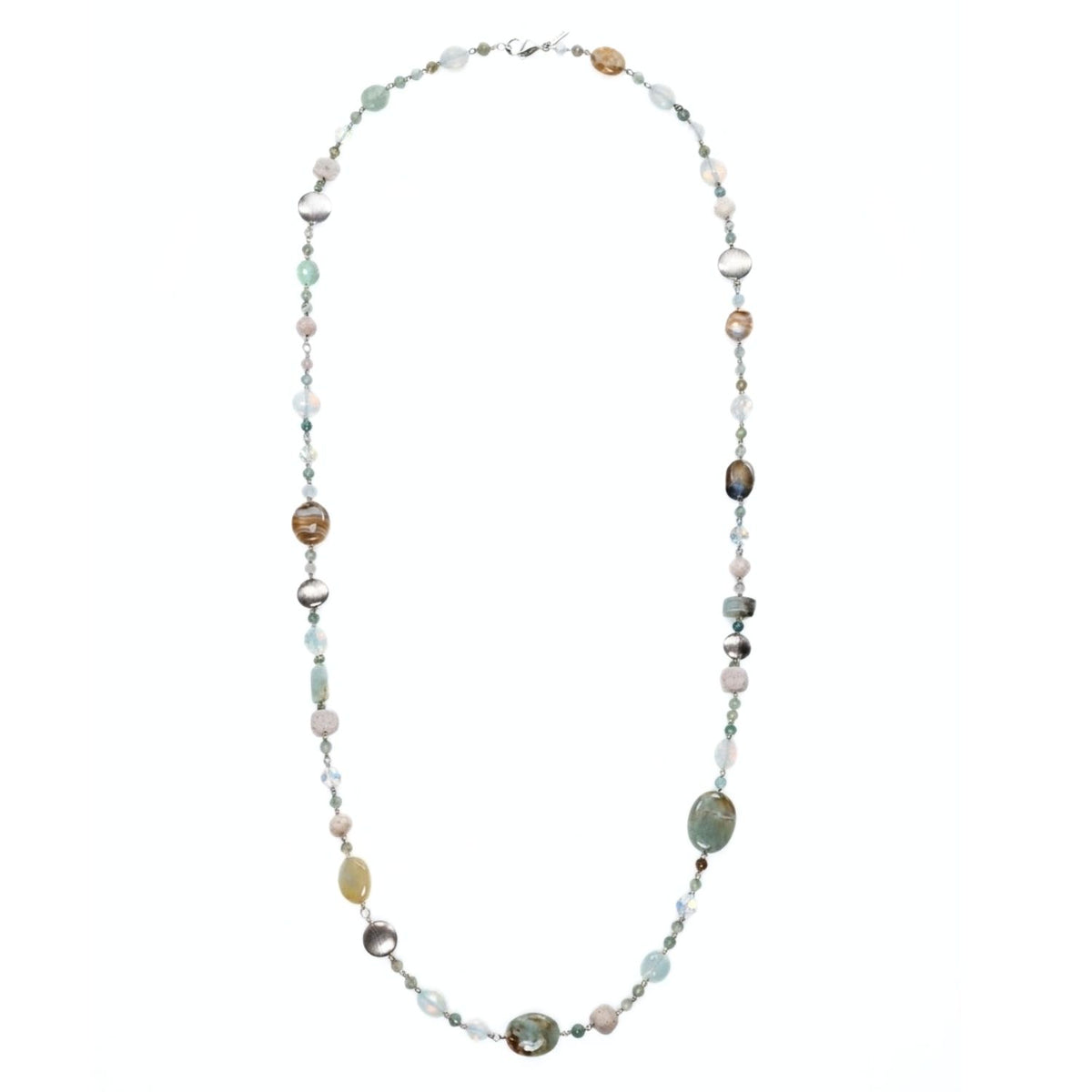 Full vertical layout view of the 61-inch Nerissa Gemstone Strand showing its extensive length, secure lobster clasp hardware, and the rhythmic distribution of the wire-linked minerals.