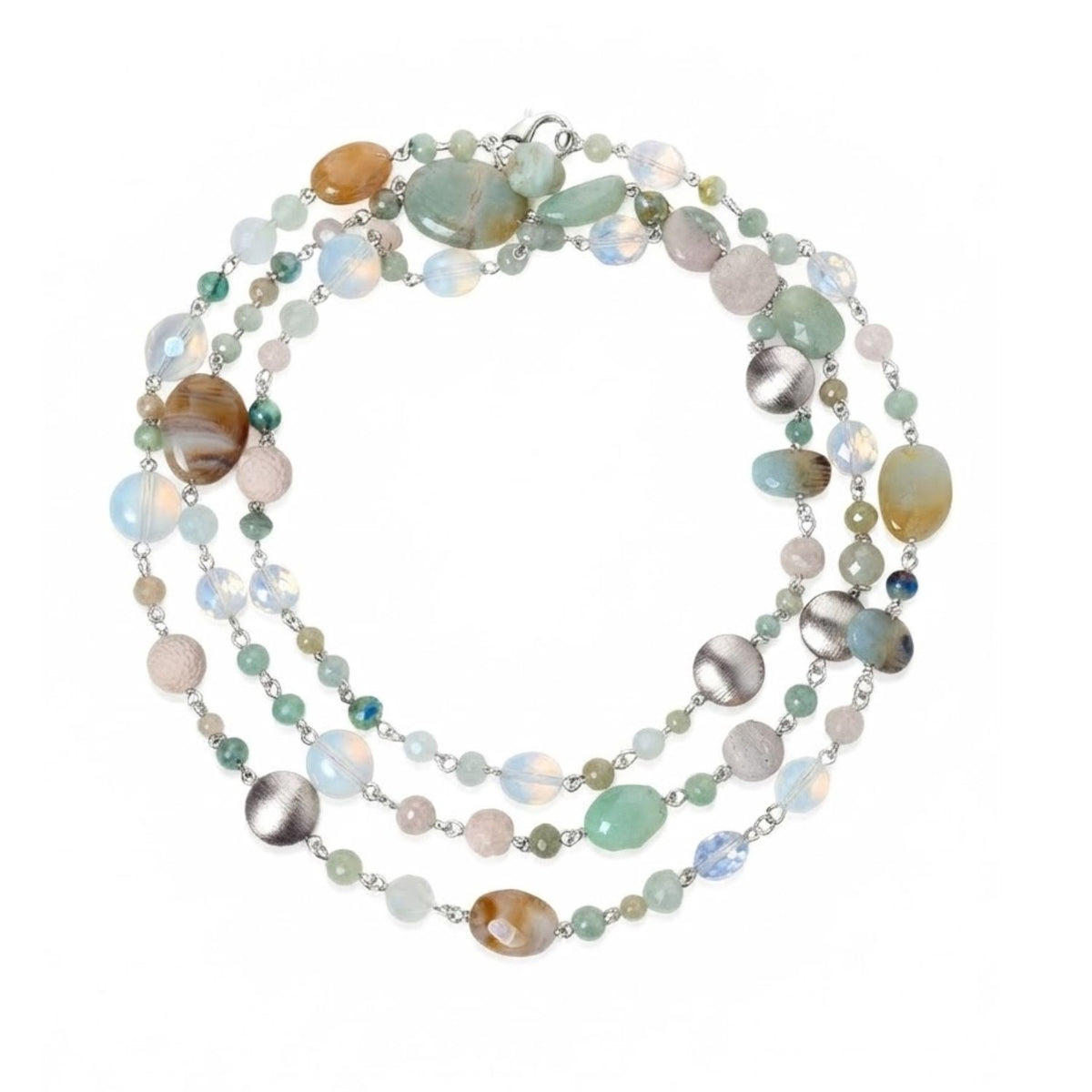 High-resolution studio product shot of the JAREDJAMIN Nerissa Convertible Strand coiled in a triple loop against a white backdrop, displaying the blues, aquas, and pale white tones of the amazonite, aquamarines, opals, and brushed silver disc beads.