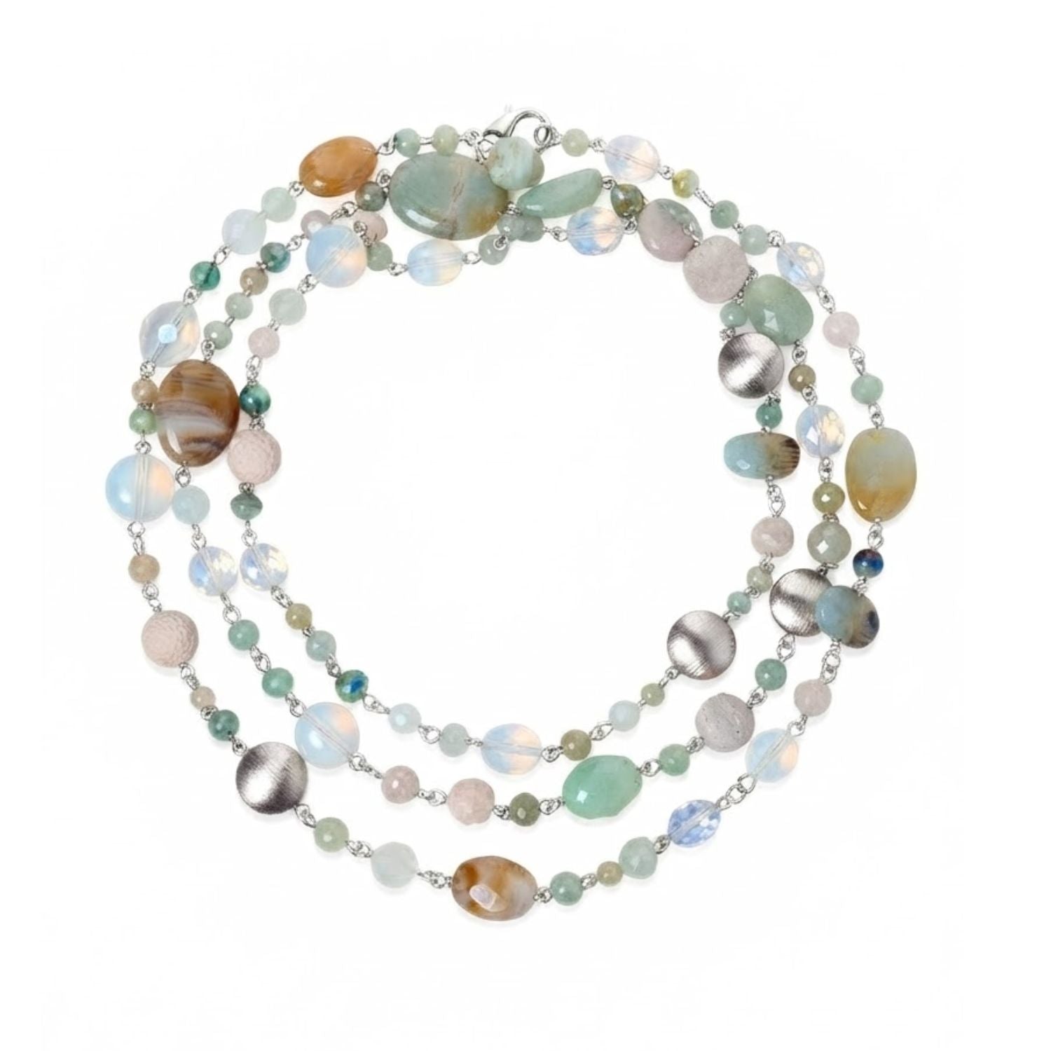 High-resolution studio product shot of the JAREDJAMIN Nerissa Convertible Strand coiled in a triple loop against a white backdrop, displaying the blues, aquas, and pale white tones of the amazonite, aquamarines, opals, and brushed silver disc beads.