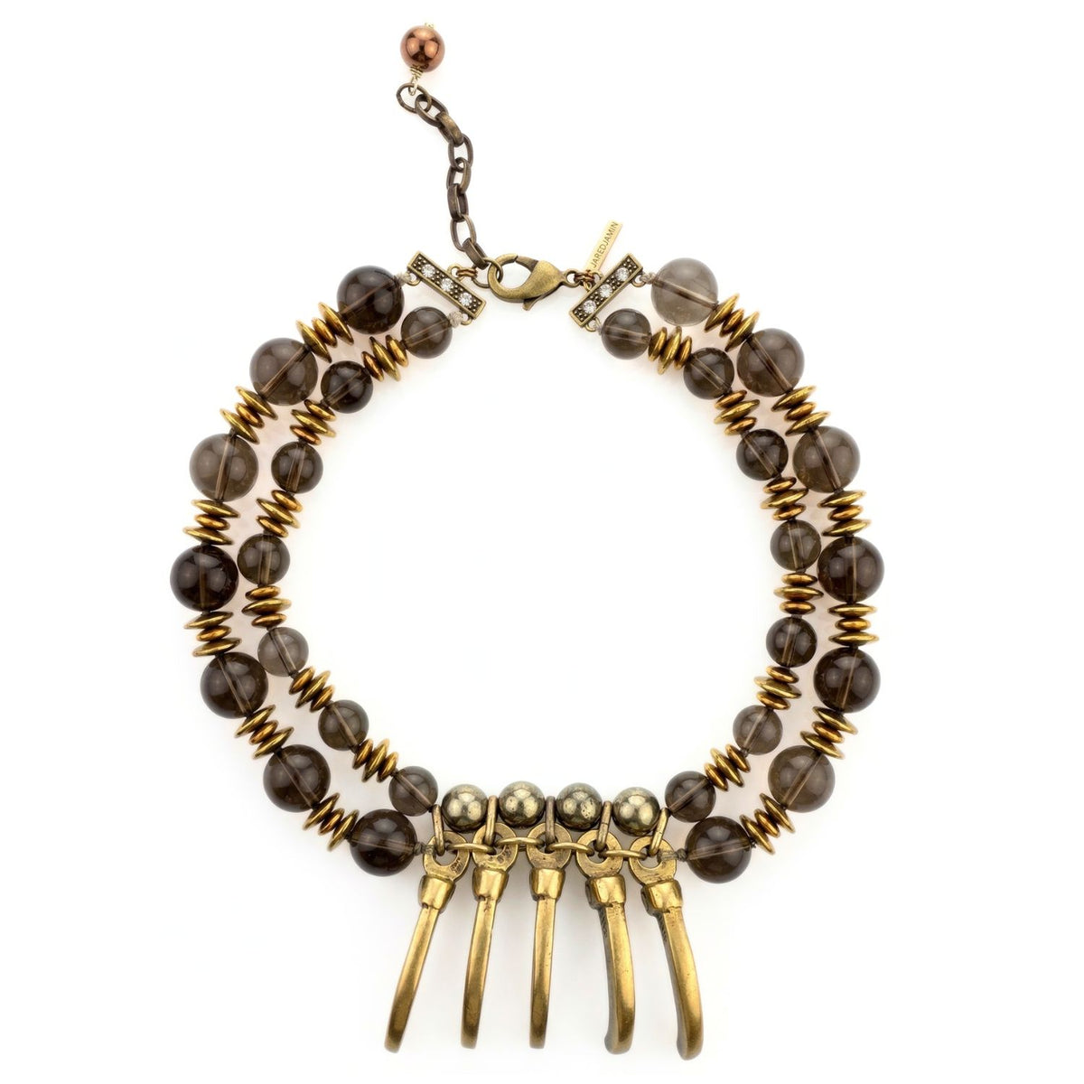 This necklace showcases dark round gemstone beads and gold rings, with brushed solid brass fan-shaped bone charms and a lobster clasp. Handmade in West Hollywood for low-impact, sustainable luxury—signature JAREDJAMIN Essential craftsmanship.