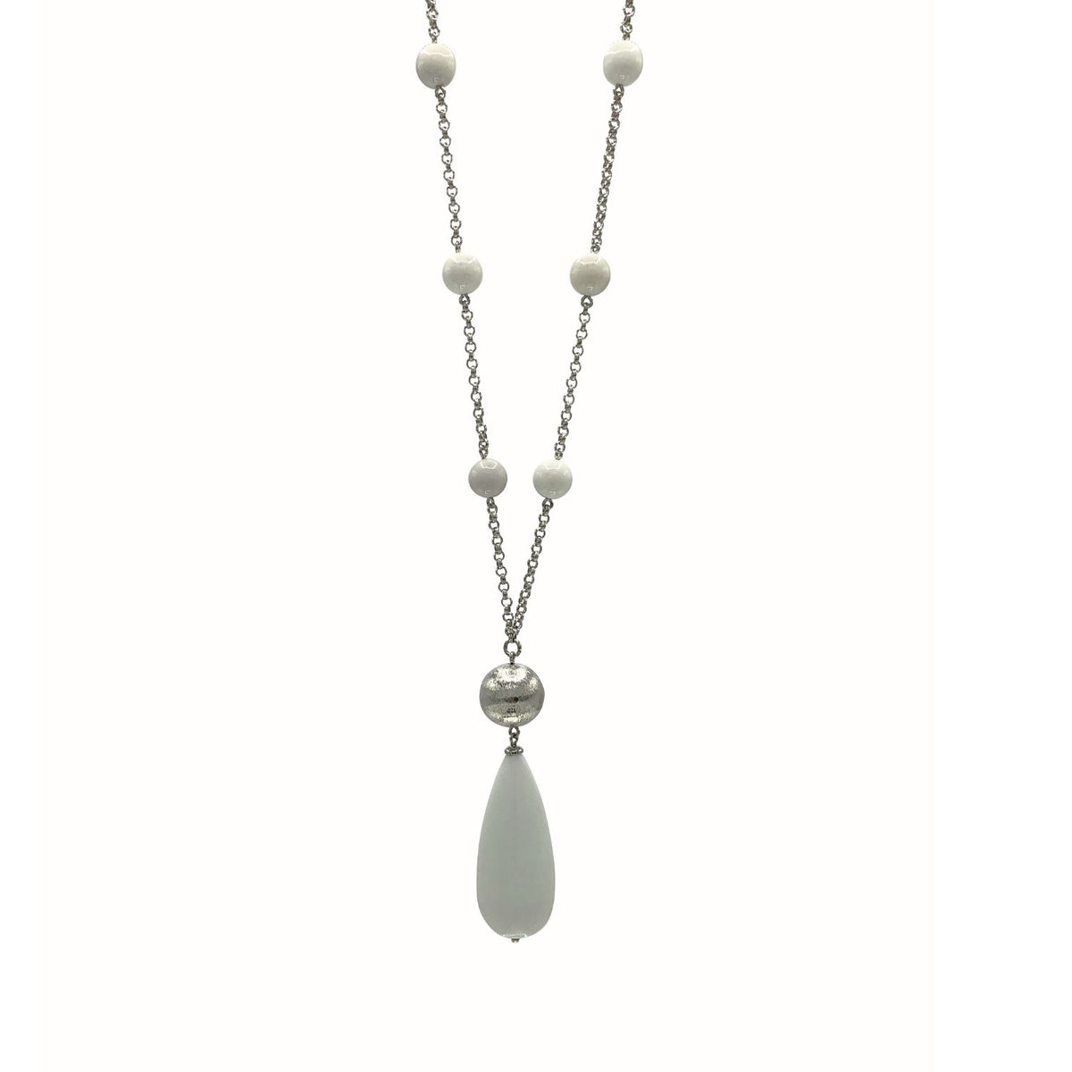 Silver plated brass chain necklace with evenly spaced round white beads and an oversized teardrop pendant; the Bianca Segmented Teardrop Necklace by JAREDJAMIN Jewelry Online showcases a simple, elegant style.