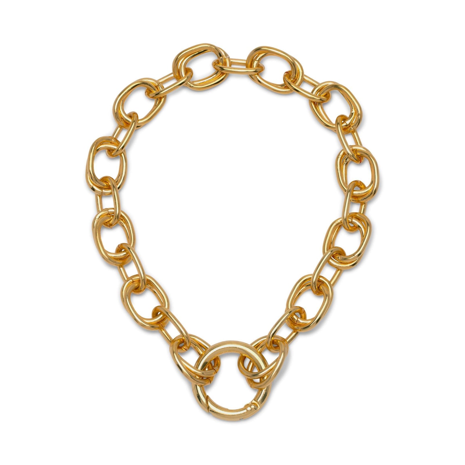 The Gold Billie Every-Other Chain Necklace by JAREDJAMIN Jewelry Online features large oval links, a Push Clicker clasp, and an 18k gold-plated, polished finish, shown in a loose oval on a white background.